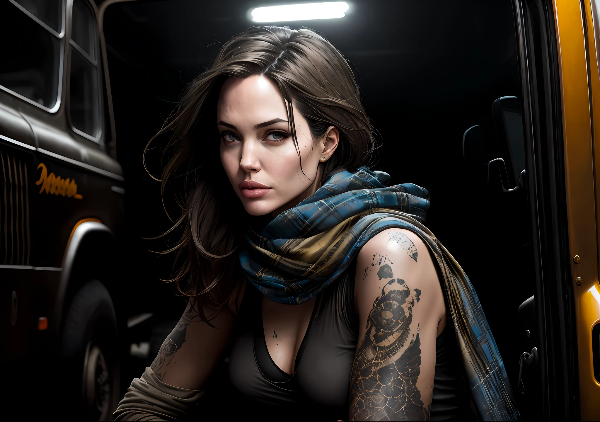 Angelina Jolie Dark photo: With her body covered, sitting next to an old truck, realistic epic, halo portrait, sunglasses, blue eyes, plaid scarf, white hair by Atey Ghailan, by Greg Rutkowski, by Greg Tocchini, by James Gilleard, by Joe Fenton, by Kaethe Butcher, yellow gradient, black, brown and magenta color scheme,  grunge aesthetics!!! Graffiti brand wall background, art by Greg Rutkowski and Artgerm, soft cinematic light, Adobe Lightroom, Photo Lab, HDR, intricate, highly detailed, (depth of field: 1.4), faded, (neutral colors: 1.2), (HDR: 1.4), (soft colors:1.2), hyperdetailed, (Artstation:1.4), cinematic, warm lights, dramatic light, (intricate details:1.1), complex background, (Rutkowski:0.66), (blue and orange:0.4)