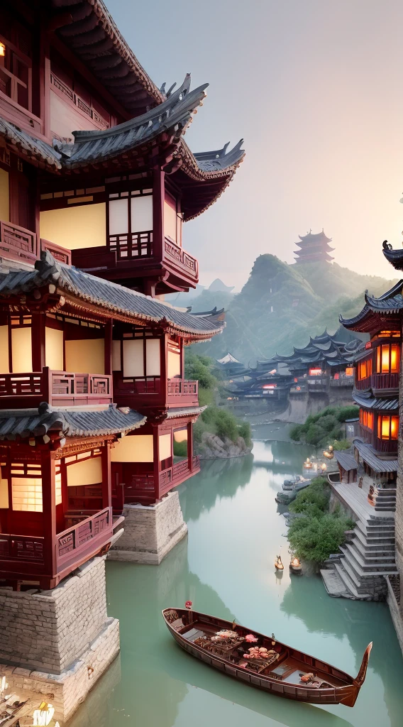 there is a boat that is floating down the river in the water, a detailed matte painting by Yang J, cgsociety contest winner, fantasy art, dreamy chinese town, chinese village, beautiful render of tang dynasty, old asian village, japanese town, japanese city, style of raphael lacoste, in style of james paick, japanese village, ancient city landscape