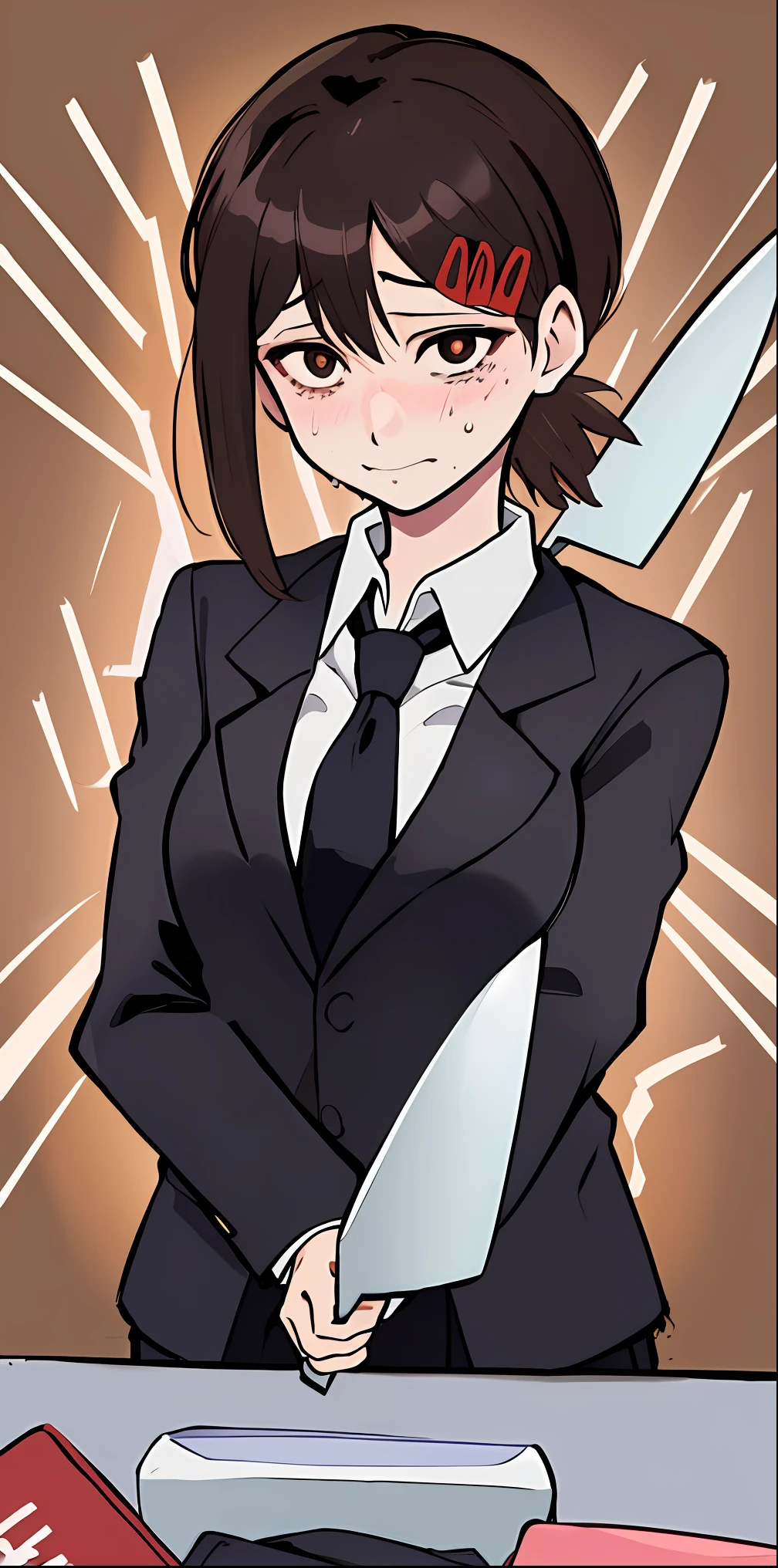1girl, kobeni, holding knife, sweat, constricted_pupils, small breasts, perky breasts, business suit, crazy look, crazy eyes, slight smile, closed mouth, yandere, blushing, blazer, black necktie, white collared shirt, (brown eyes),crazy background
