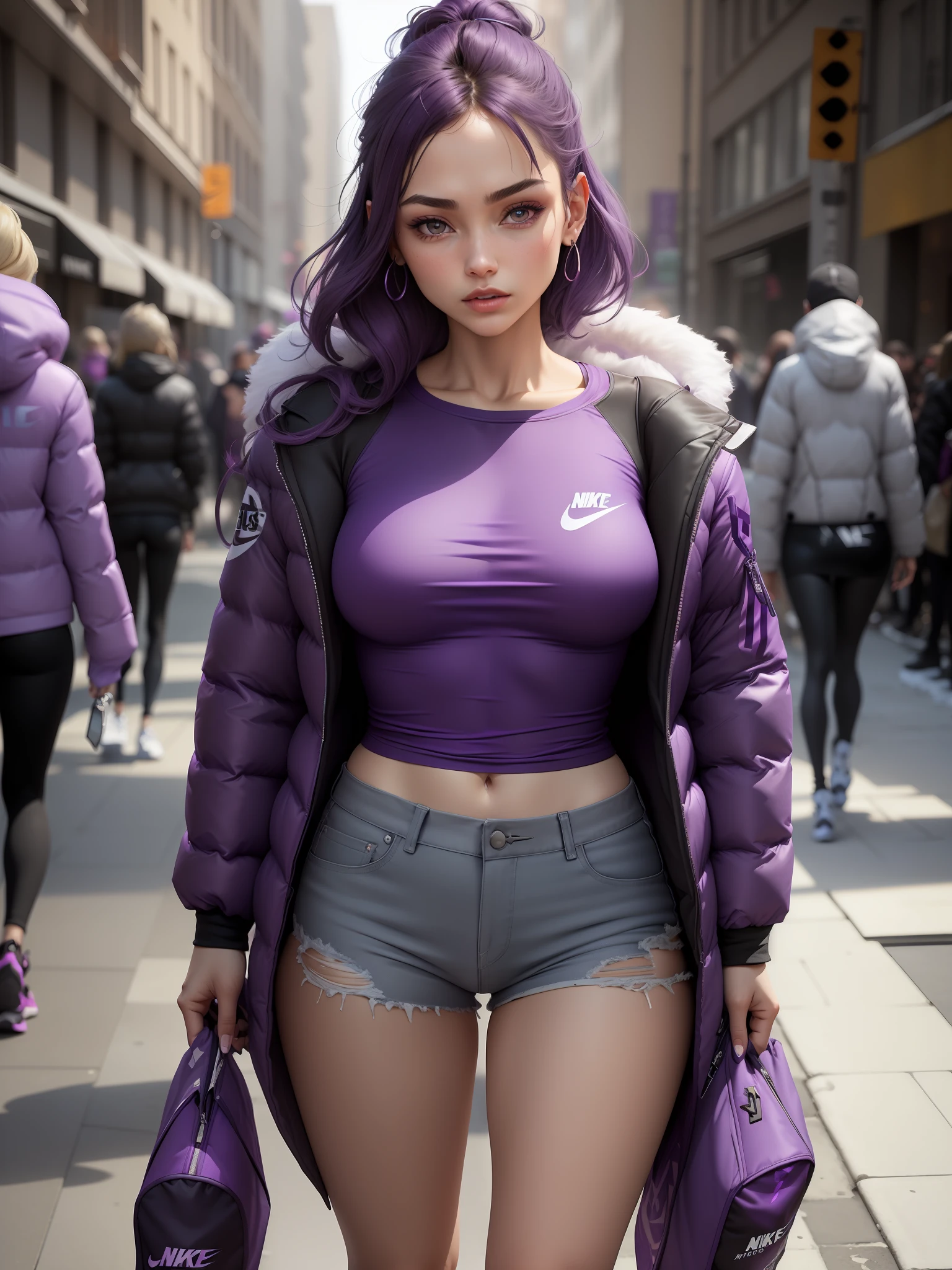 ((Purple T-shirt: 1.3) + (Fashion: 1.1) + (Trendy: 1.2)), (Nike logo), (Corona rendering), ((Winter Down Jacket Concept + Concept Art Design): 1.3), (8K: 1.3), (2:3 aspect ratio + warm color Q2), (750 pixels), ((Fashion elements) :( 1.1 + Purple T-shirt blends with fashion elements)), (Dynamic: 5)