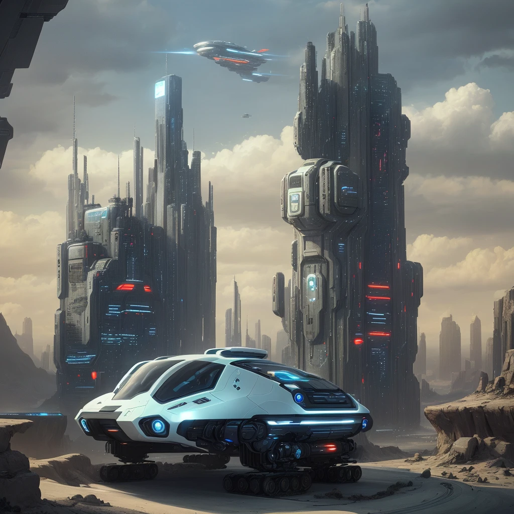 a futuristic sci-fi vehicle in a dystopian sci-fi city