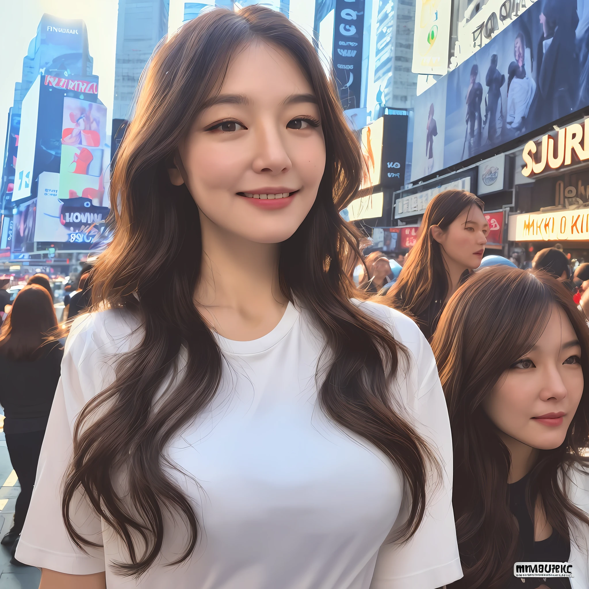 ((Best quality, 8k, Masterpiece :1.3)), A pretty woman with perfect figure :1.4, Wavy dark brown hair, Breasts, White t-shirt covered by Dark jacket, ((realatic sun light)), Time square, Hong kong town,any street, Smirk, Highly detailed face and skin texture, Detailed eyes, Double eyelid