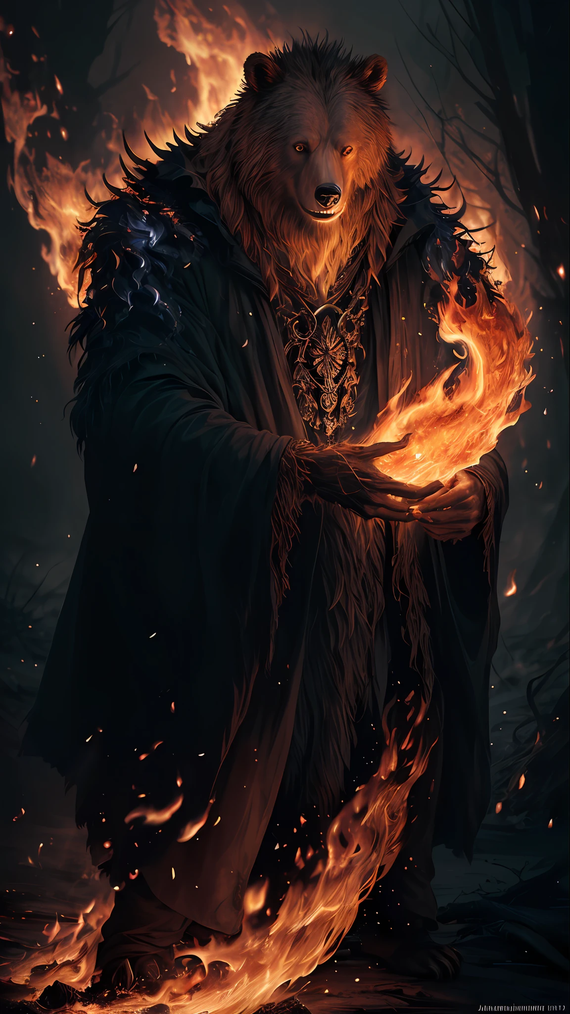 a bear portrait of a hyper-detailed in the style of a Harry Potter dementor and a rogue character dnd, ginger hair, (nice: 1.3) thoughtful expression, full body, conjuring magical energy, filmed cinematic in canon 5d ultra realistic skin, Fabian Perez Henry Asencio, Jeremy Mann Marc Simonetti fantasy magical horror atmosphere, (highly detailed environment:1.3), (((breathing fire, the flames)))