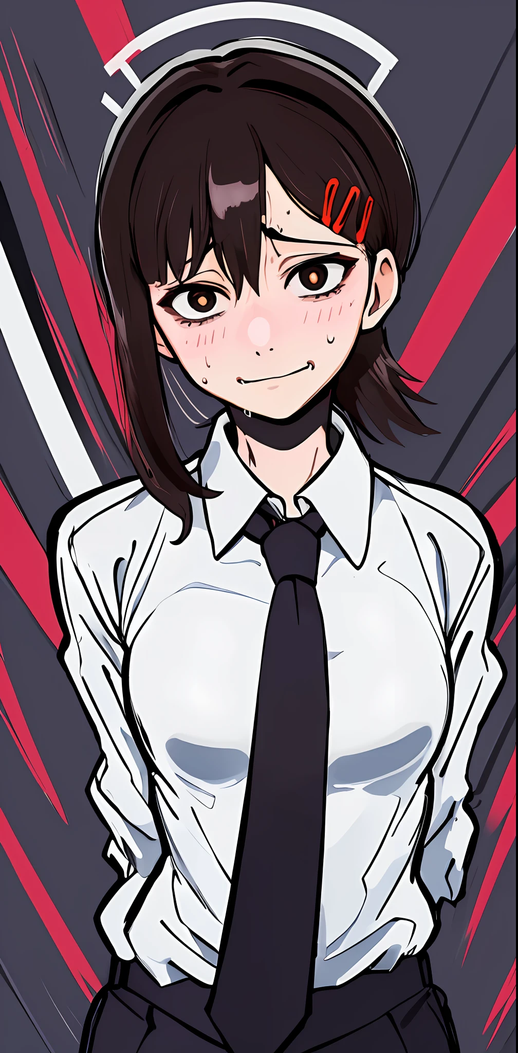 1girl, kobeni, holding knife, sweat, constricted_pupils, small breasts, perky breasts, business suit, crazy look, crazy eyes, slight smile, closed mouth, yandere, blushing, blazer, black necktie, white collared shirt, (brown eyes),crazy background