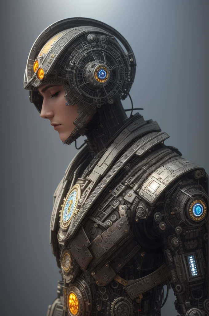 Full body like depressed attractive cybernetic man looking down, (steampunk cyborg:1.2), (intricate detail), HDR, (intricate detail, hyper-detailed:1.2), sharp lighting, back to lens, surrealism, side shot, portrait, torso, ultra-detailed real human hair, (closed eyes), torso, skin pores, ultra-detailed perfect real human skin, ultra-detailed face, tensor funk