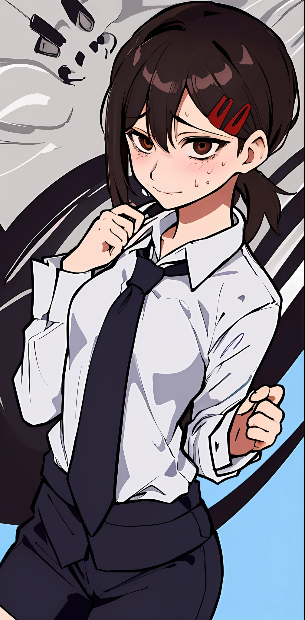 1girl, kobeni, holding knife, sweat, constricted_pupils, small breasts, perky breasts, business suit, crazy look, crazy eyes, slight smile, closed mouth, yandere, blushing, blazer, black necktie, white collared shirt, (brown eyes),crazy background