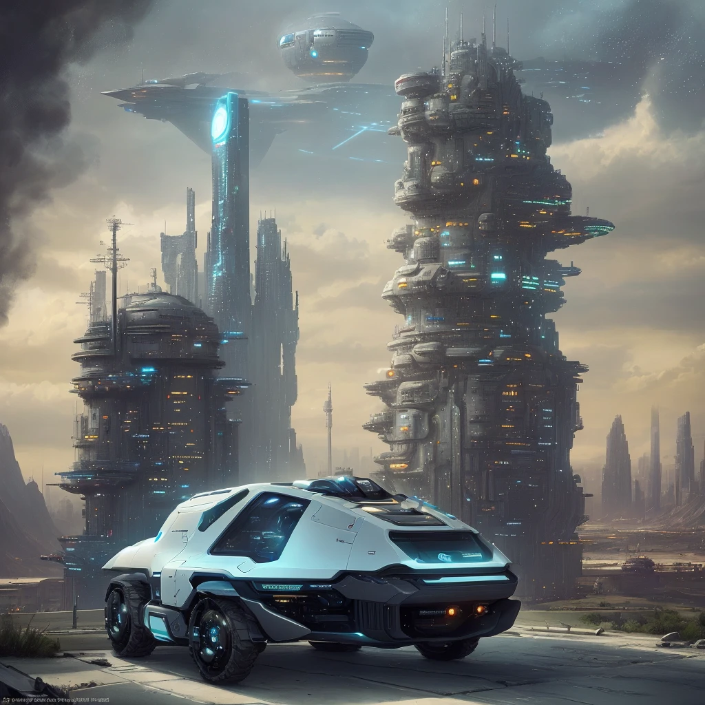 a futuristic sci-fi vehicle in a dystopian sci-fi city