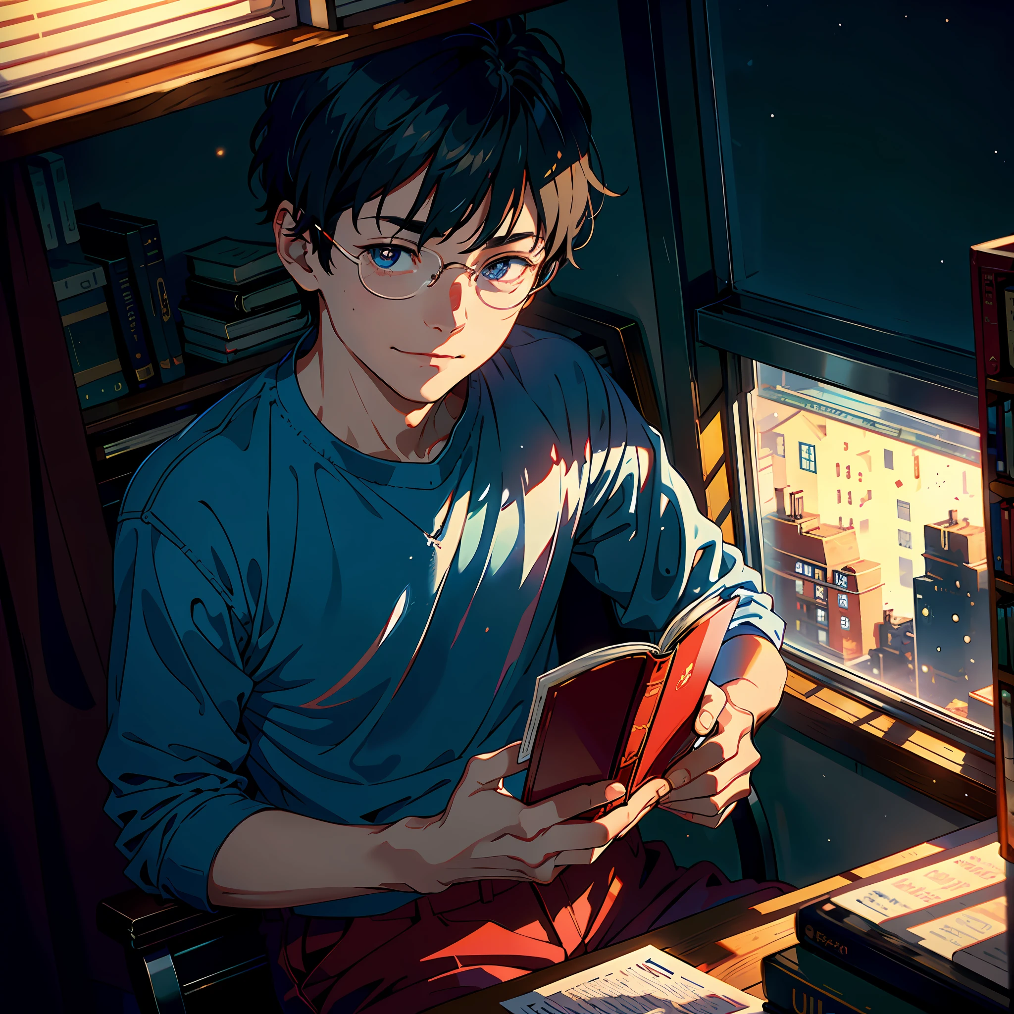 A one man sits on a chair in his room on a small library and red book at night, beside him a small, window through which the moonlight looks at him, color contact lenses, tired, sad smile, high detail, blind box toy style, modern, film grain, UHD, masterpiece, super detail