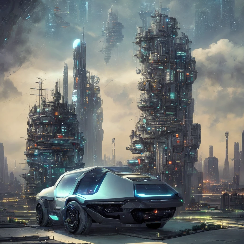 a futuristic sci-fi vehicle in a dystopian sci-fi city