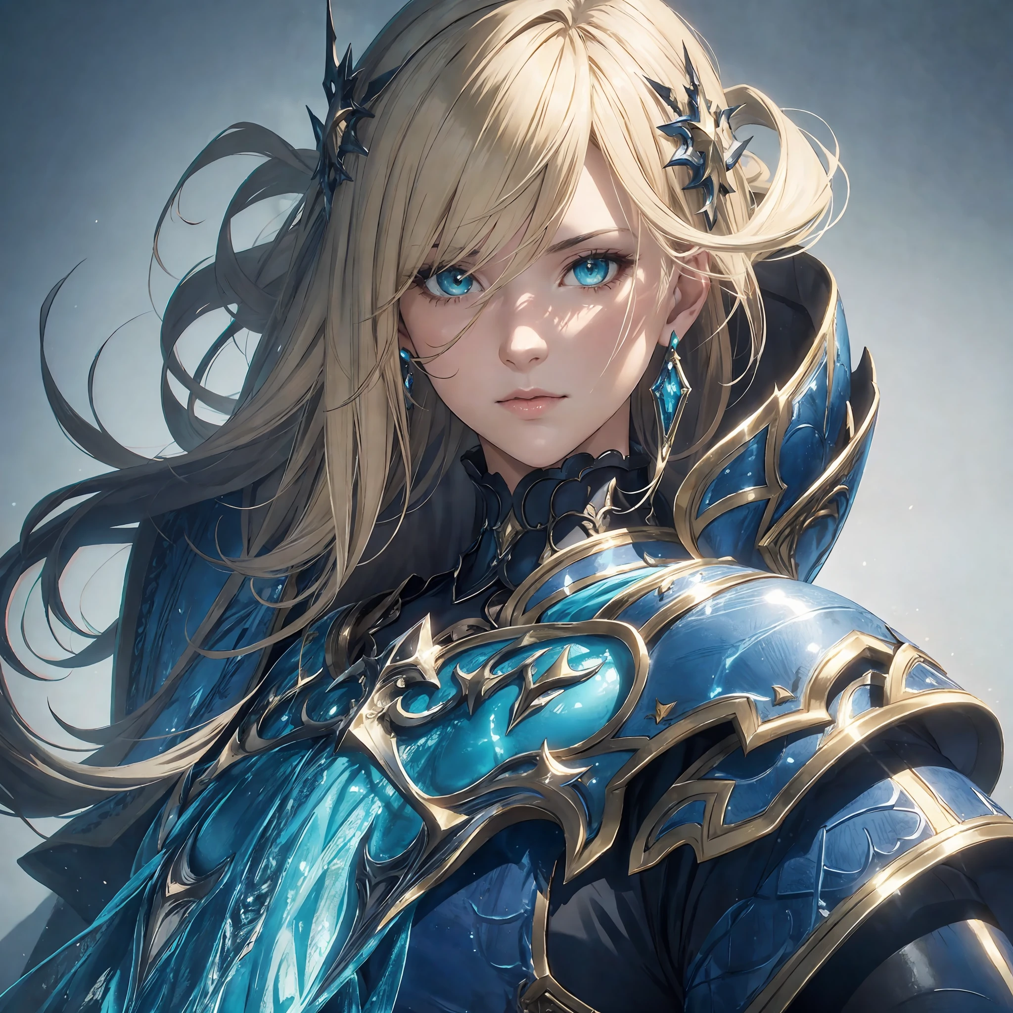 masterpiece, best quality, 1woman adult, older milf, female focus, solo, blonde hair, vibrant aqua eyes, medium hair with fringe, looking at viewer, cape, High quality metal texture, semi metal armor, closed mouth, upper body, bangs, high collar,(kbxll:0.6), Fantasy aesthetics, fantasy earring, Highly detailed, shadowverse character concept, shadowverse style