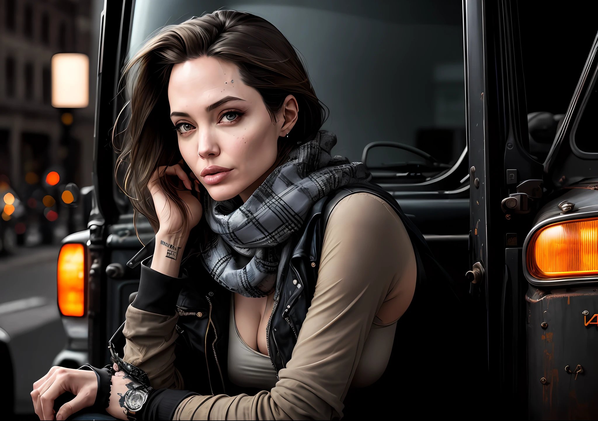 Angelina Jolie Dark photo: With her body covered, sitting next to an old truck, realistic epic, halo portrait, sunglasses, blue eyes, plaid scarf, white hair by Atey Ghailan, by Greg Rutkowski, by Greg Tocchini, by James Gilleard, by Joe Fenton, by Kaethe Butcher, yellow gradient, black, brown and magenta color scheme, grunge aesthetics!!! Graffiti brand wall background, art by Greg Rutkowski and Artgerm, soft cinematic light, Adobe Lightroom, Photo Lab, HDR, intricate, highly detailed, (depth of field: 1.4), faded, (neutral colors: 1.2), (HDR: 1.4), (soft colors:1.2), hyperdetailed, (Artstation:1.4), cinematic, warm lights, dramatic light, (intricate details:1.1), complex background, (Rutkowski:0.66), (blue and orange:0.4)