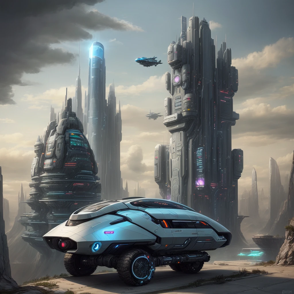 a futuristic sci-fi vehicle in a dystopian sci-fi city