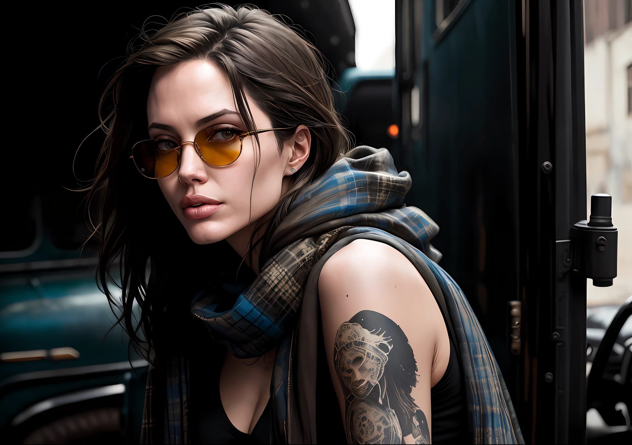 Angelina Jolie Dark photo: With her body covered, sitting next to an old truck, realistic epic, halo portrait, sunglasses, blue eyes, plaid scarf, white hair by Atey Ghailan, by Greg Rutkowski, by Greg Tocchini, by James Gilleard, by Joe Fenton, by Kaethe Butcher, yellow gradient, black, brown and magenta color scheme,  grunge aesthetics!!! Graffiti brand wall background, art by Greg Rutkowski and Artgerm, soft cinematic light, Adobe Lightroom, Photo Lab, HDR, intricate, highly detailed, (depth of field: 1.4), faded, (neutral colors: 1.2), (HDR: 1.4), (soft colors:1.2), hyperdetailed, (Artstation:1.4), cinematic, warm lights, dramatic light, (intricate details:1.1), complex background, (Rutkowski:0.66), (blue and orange:0.4)