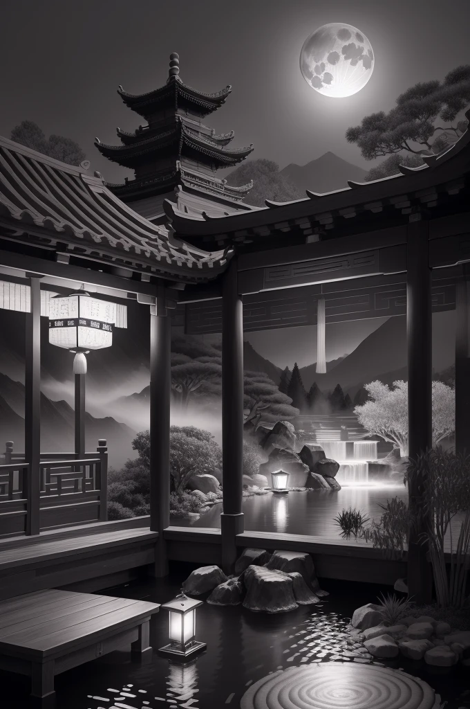 masterpiece,best quality,Chinese martial arts style,an asian night scene with lanterns and water lilies,asian pond with many lanterns and boatsa night scene with many lights and boats in the water, Lake surface, lotus flowers,beautiful night scene,(((Chinese martial arts style))), with vast sky, continuous mountains and steep cliffs, ink wash style, outline light, atmospheric atmosphere, depth of field, mist rising, bamboo, pine trees, octagonal stone pavilion, waterfall flowing water,big full moon,(No color) , Monochrome, light color,