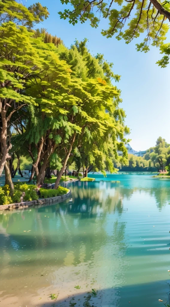 there is a man sitting on a bench by the water, in a park and next to a lake, park landscape, parks and lakes, with a park in the back ground, beautiful lake in the foreground, trees reflecting on the lake, serene environment, lake foreground, park on a bright sunny day, beautiful tranquil day, forest with lake, trees bent over the river