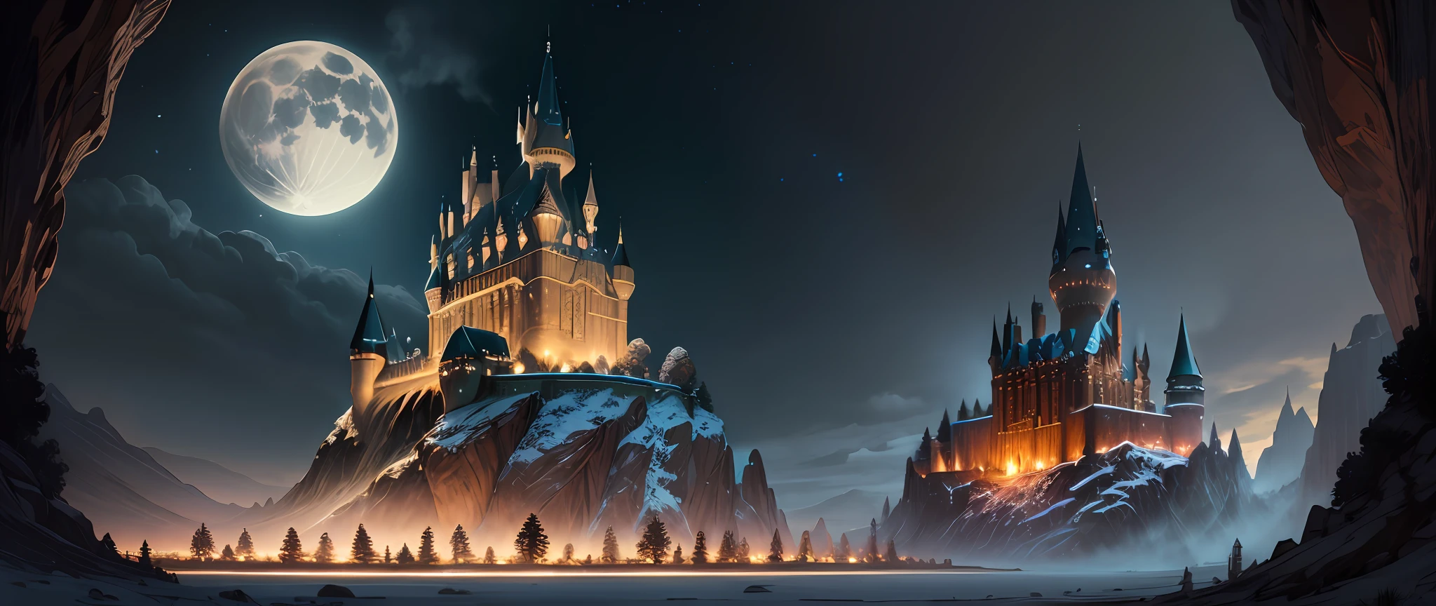 A castle poster with a full moon in the background, viewed from a cave, with a solid black background above and below. Detailed drawing inspired by gaston bussiere, shutterstock, fantasy art, enchanted castle, enchanted backgrounds, art of harry potter, highly detailed magical fantasy, scary castle)). mystical, background hogwarts, hogwarts setting, magic castle school on the hill, fairytale painting, magical composition, night scene