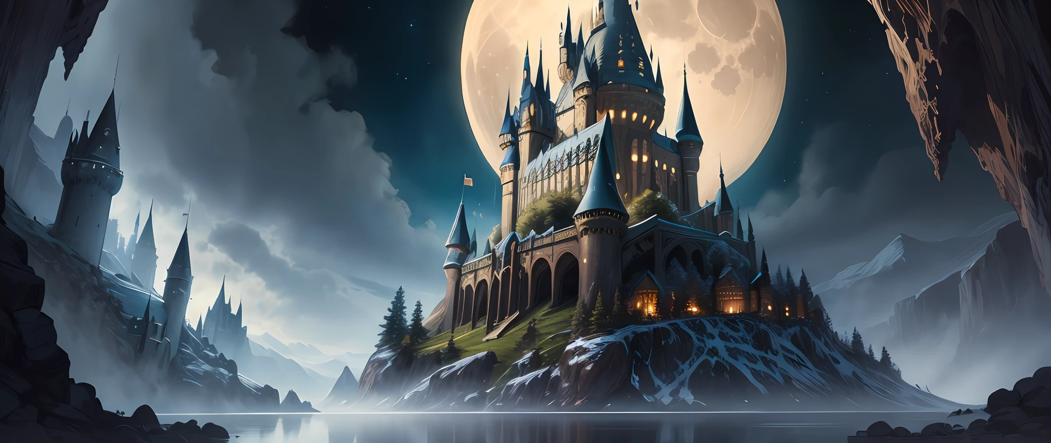 A castle poster with a full moon in the background, viewed from a cave, with a solid black background above and below. Detailed drawing inspired by gaston bussiere, shutterstock, fantasy art, enchanted castle, enchanted backgrounds, art of harry potter, highly detailed magical fantasy, scary castle)). mystical, background hogwarts, hogwarts setting, magic castle school on the hill, fairytale painting, magical composition, night scene
