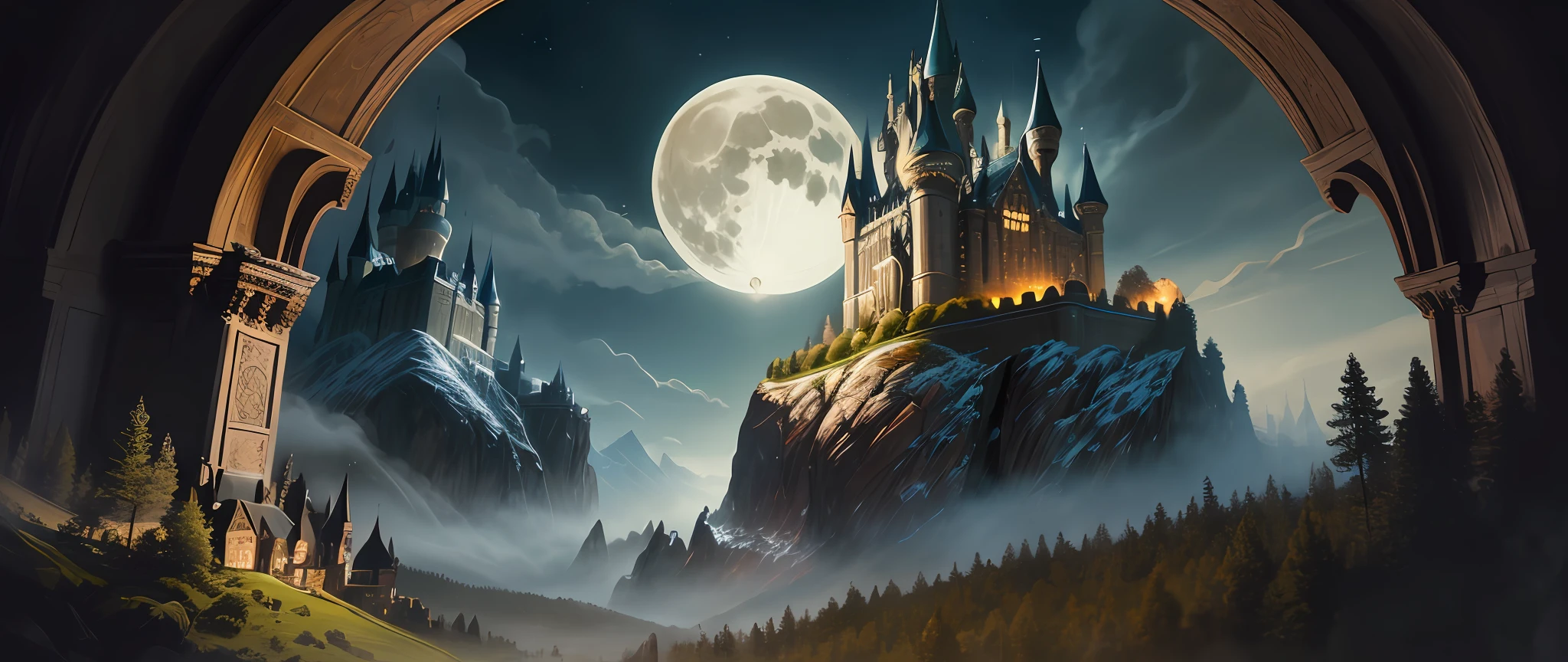 A castle poster with a full moon in the background, viewed from a cave, with a solid black background above and below. Detailed drawing inspired by gaston bussiere, shutterstock, fantasy art, enchanted castle, enchanted backgrounds, art of harry potter, highly detailed magical fantasy, scary castle)). mystical, background hogwarts, hogwarts setting, magic castle school on the hill, fairytale painting, magical composition, night scene