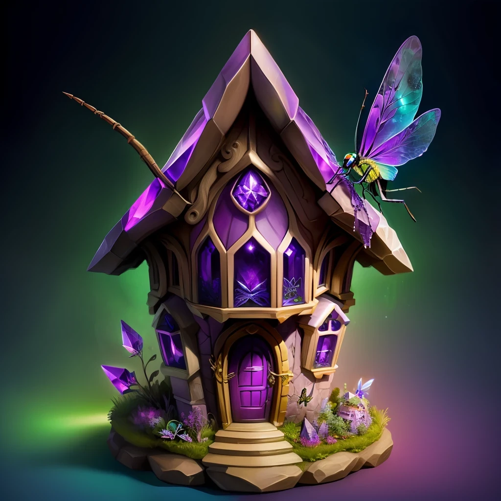 purple crystal house with dragonfly, fantasy