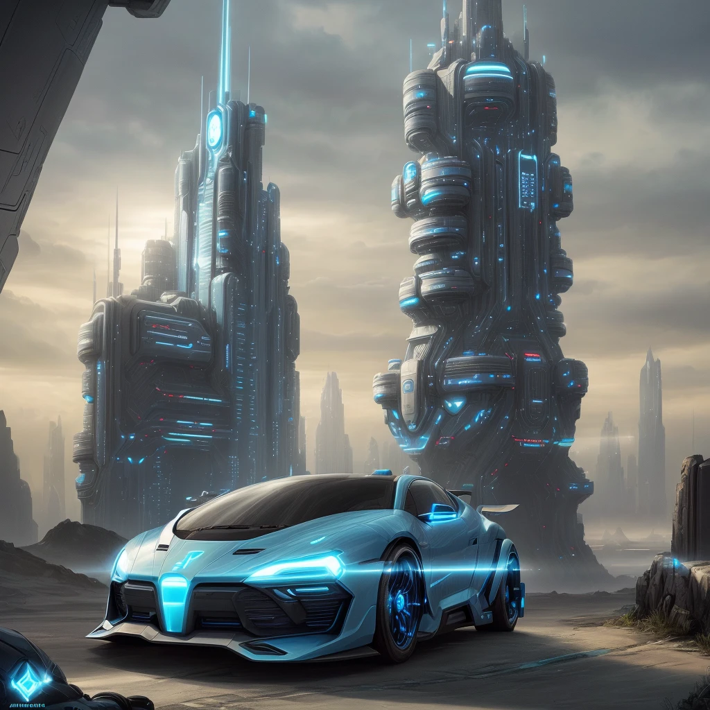 a futuristic sci-fi car with blue glow in a dystopian sci-fi city