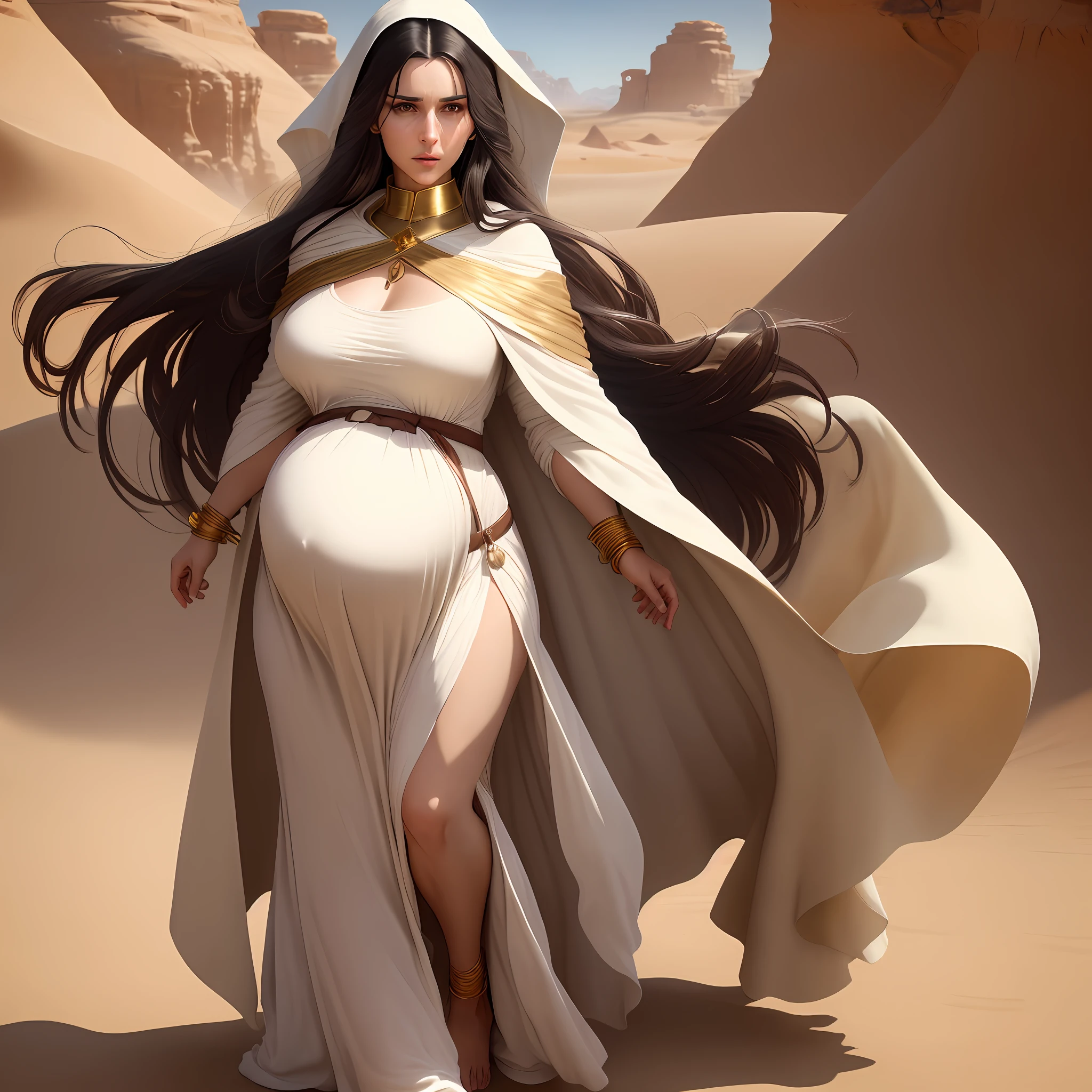 A full-length woman, she is pregnant, dressed in desert attire, with long dark hair and expressive eyes. She wears a loose white robe, cinched at the waist by a golden belt. Under the cloak, a light beige tunic fitted to the bust. Her feet are bare, and she wears gold bracelets on her wrists.
(cinematic) (amazing) (realistic in 4k)