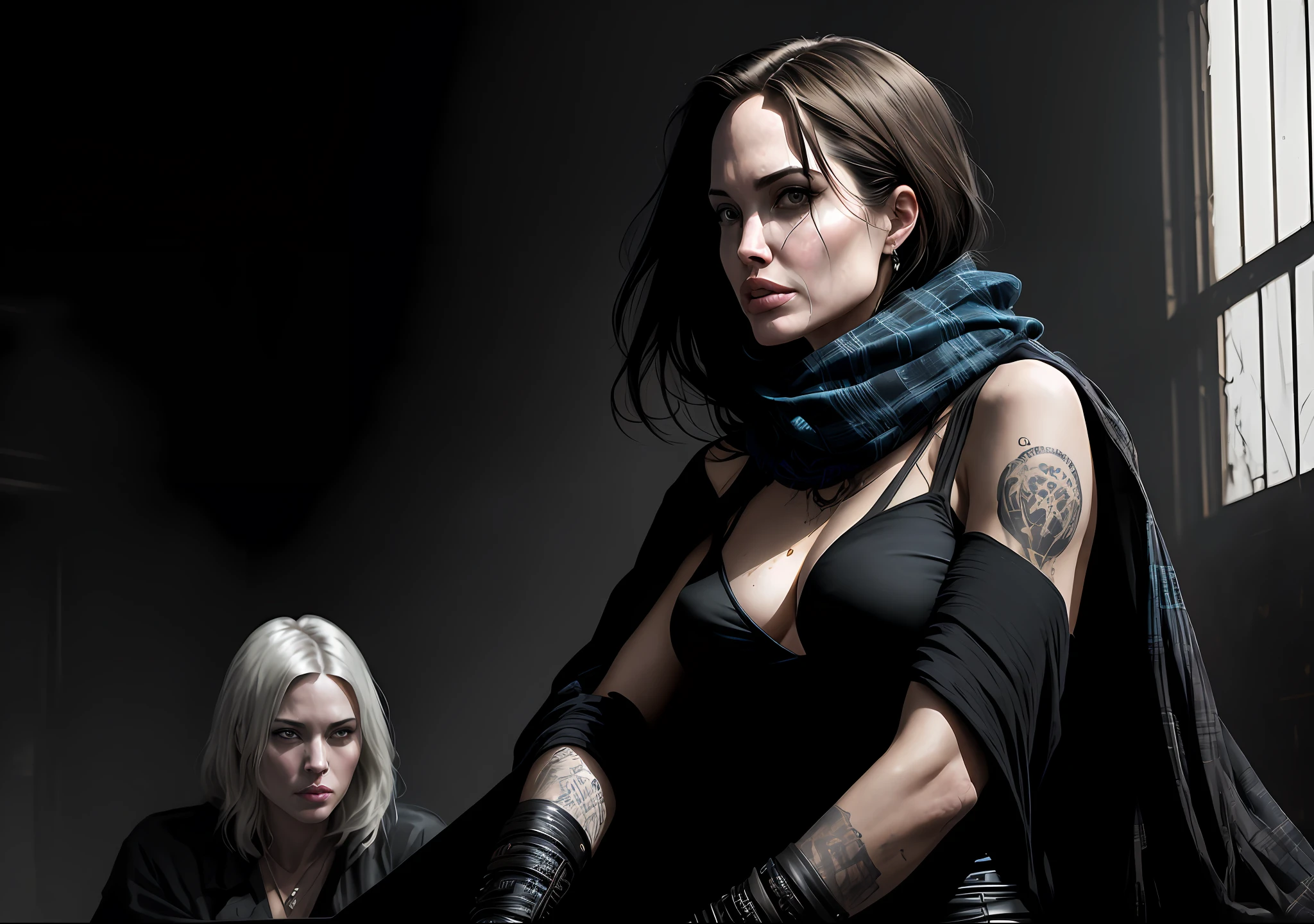 Angelina Jolie Dark photo: With body covered, sitting next to Old Lord, realistic epic, halo portrait, sunglasses, blue eyes, plaid scarf, white hair by Atey Ghailan, by Greg Rutkowski, by Greg Tocchini, by James Gilleard, by Joe Fenton, by Kaethe Butcher, yellow gradient, black, brown and magenta color scheme, grunge aesthetic!!! Graffiti brand wall background, art by Greg Rutkowski and Artgerm, soft cinematic light, Adobe Lightroom, Photo Lab, HDR, intricate, highly detailed, (depth of field: 1.4), faded, (neutral colors: 1.2), (HDR: 1.4), (soft colors:1.2), hyperdetailed, (Artstation:1.4), cinematic, warm lights, dramatic light, (intricate details:1.1), complex background, (Rutkowski:0.66), (blue and orange:0.4)