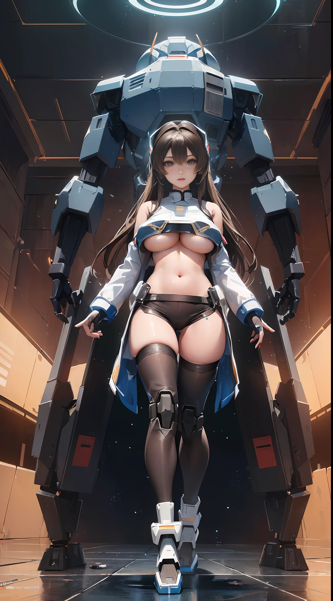((Best quality)), ((masterpiece)), (highly detailed:1.3), 3D, beautiful, (cyberpunk:1.2), in space, nebula, holding_weapon, laser, (1Female mecha:1.3), sexy body, facing the audience, Glowing eyes, full body, (flying, swooping down, dynamic, motion blur: 1.4), (huge mech wings: 1.6), looking up, glowing_eyes, mecha, panorama, background is earth, nebula, space, particles, Reality, HDR (High Dynamic Range), Ray Tracing, NVIDIA RTX, Super Resolution, Unreal 5, Subsurface Scattering, PBR Textures, Post Processing, Anisotropic Filtering, Depth of Field, Maximum Clarity and Clarity, Multilayer Textures, Albedo and Specular maps, Surface shading, accurate simulation of light-material interaction, perfect proportions, Octane Render, two-tone lighting, large aperture, low ISO, white balance, rule of thirds, 8K RAW, efficient sub-pixel, sub-pixel volume product, (best quality),(Japanese:0.5),(korean:0.8), (Liu Yi Fei:1.5) long hair, (big breast:1.2),(underboob:1.5)