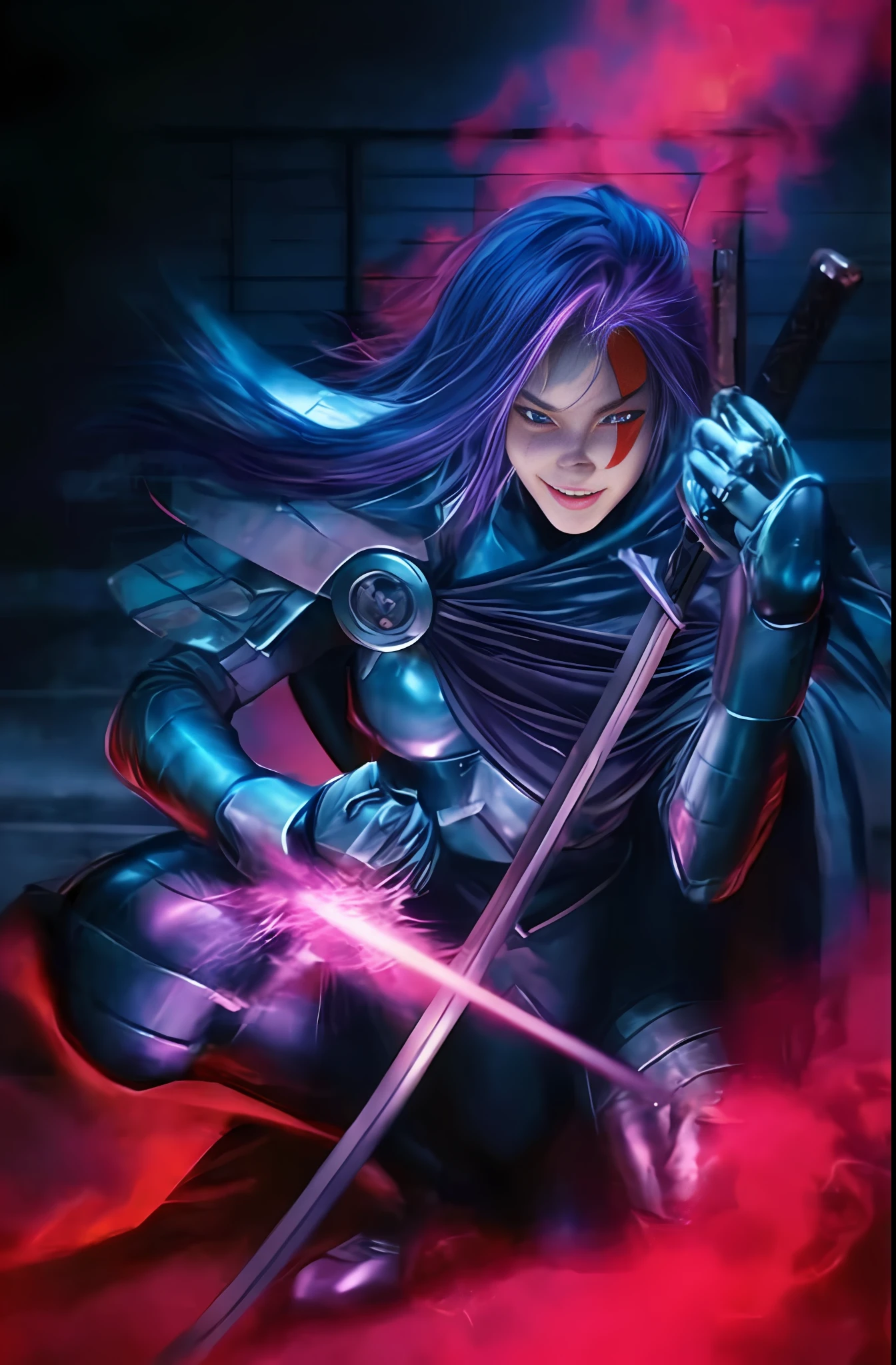 Japanese girl, psyloke, purple hair, long hair, scar on face, smile on face, holding a katana, metal suit, staring.