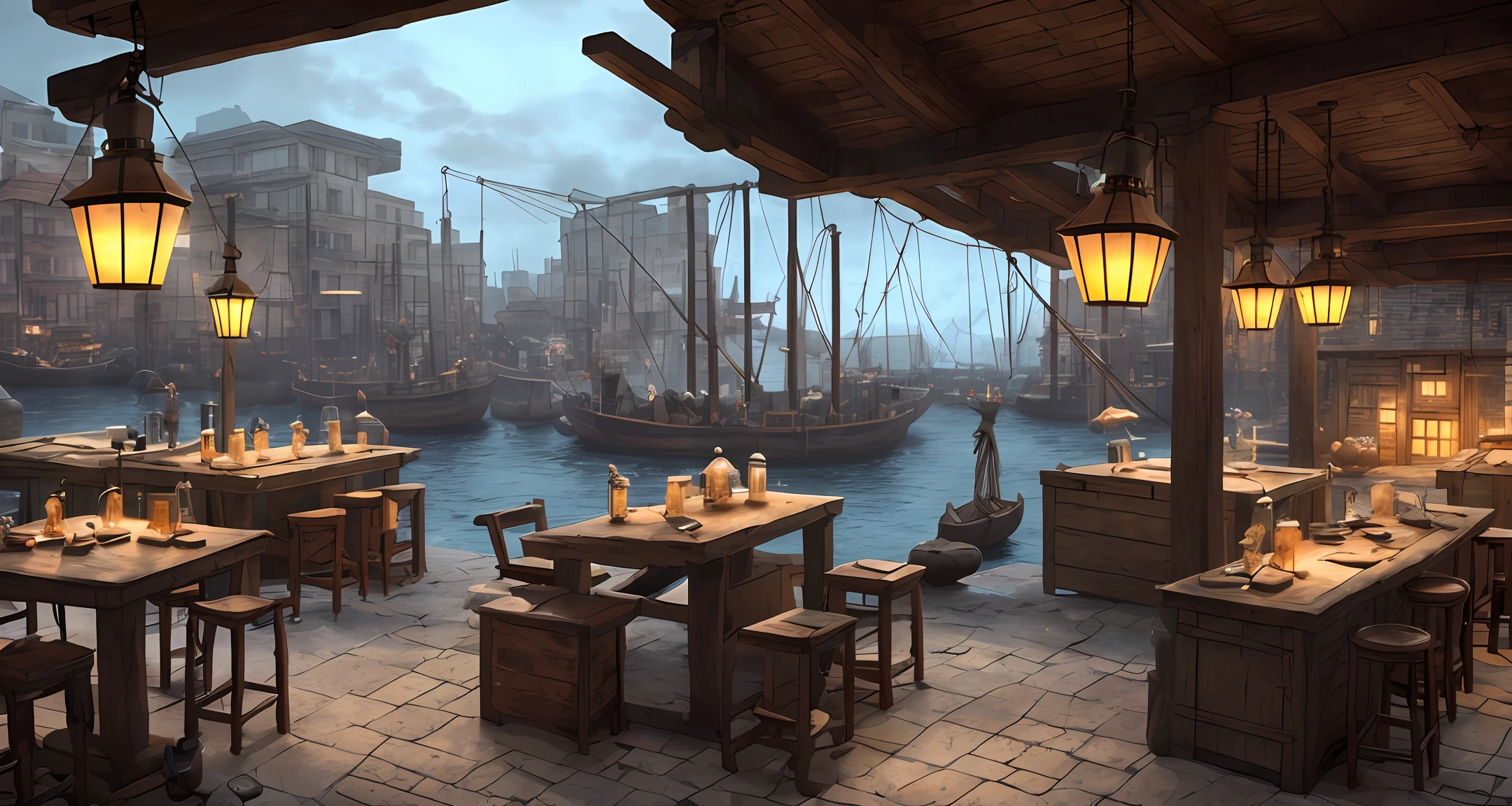 set design (an old tavern overlooking a primitive port, lamps, wooden boxes and cranes) 8K