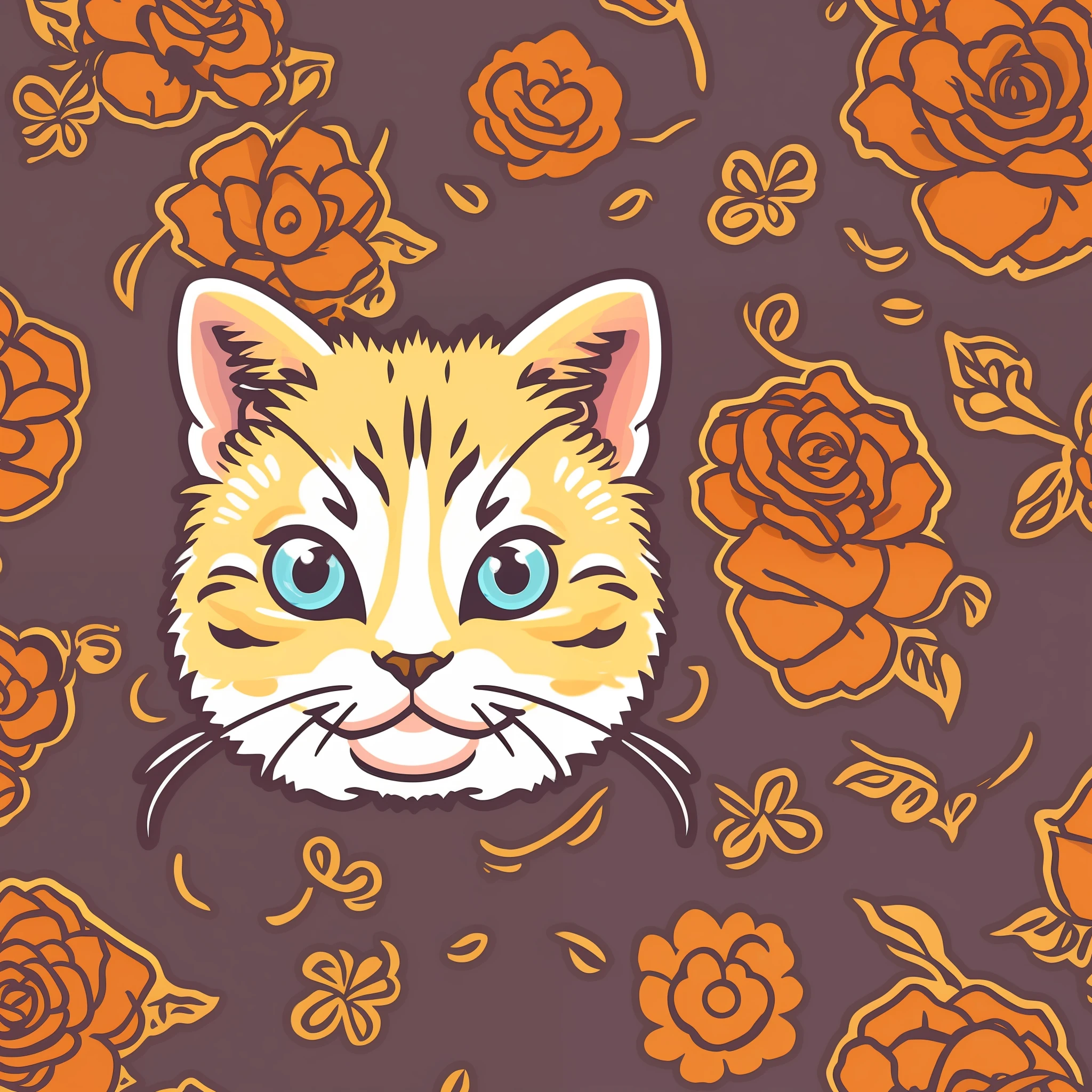 STICKER, A detailed illustration a print of vivid cute kitten head, fantasy flowers splash, vintage t-shirt design, in the style of Studio Ghibli, white and orange flora pastel tetradic colors, 3D vector art, cute and quirky, fantasy art, watercolor effect, bokeh, Adobe Illustrator, hand-drawn, digital painting, low-poly, soft lighting, bird's-eye view, isometric style, retro aesthetic, focused on the character, 4K resolution, photorealistic rendering, using Cinema 4D