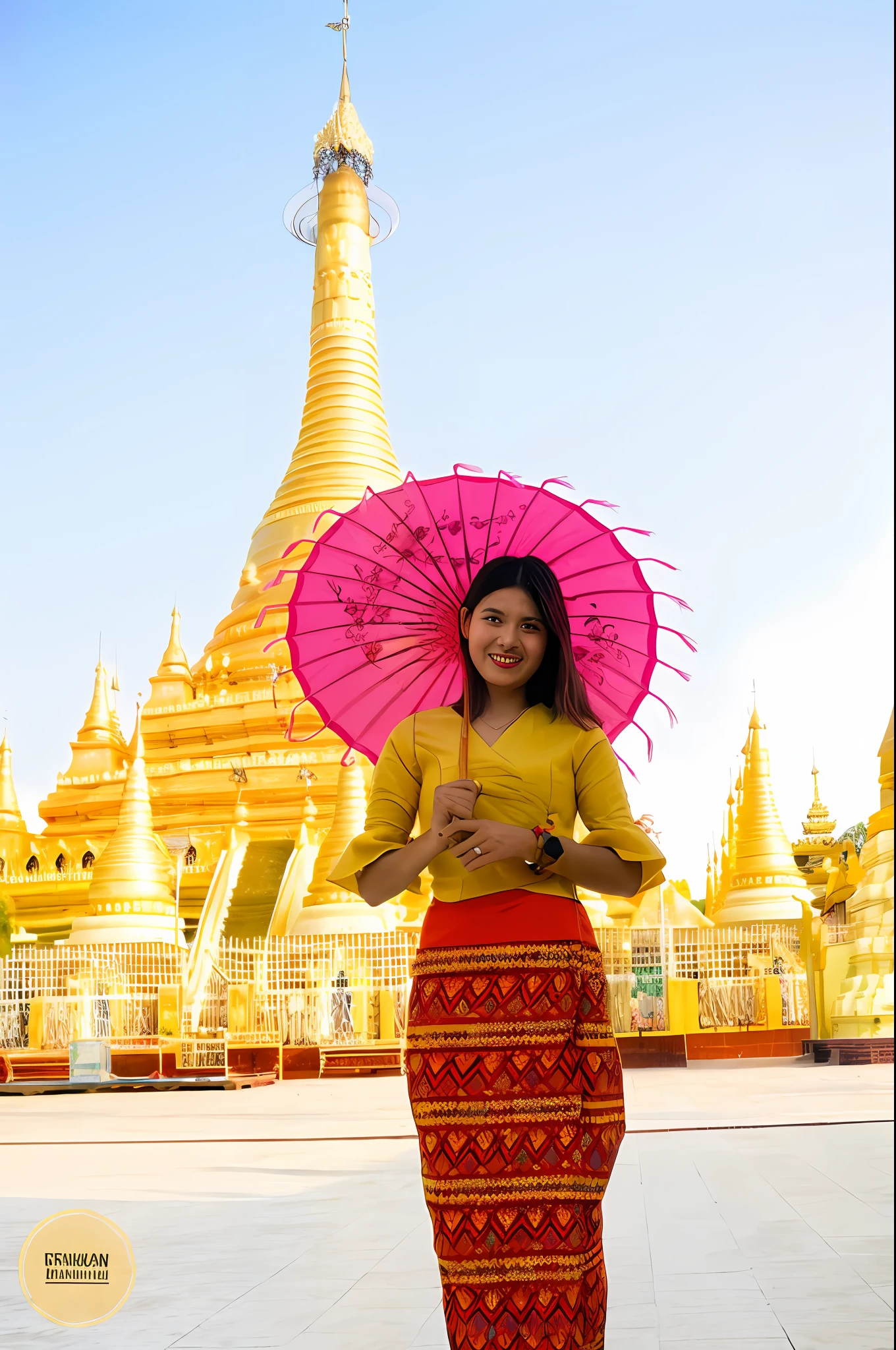 araffe woman in a yellow top and red skirt holding an umbrella, myanmar, in front of a temple, wearing traditional garb, traditional dress, in front of the temple, traditional clothing, standing in a buddhist temple, in style of thawan duchanee, with yellow cloths, traditional clothes, temples behind her, wonderful, south east asian with long