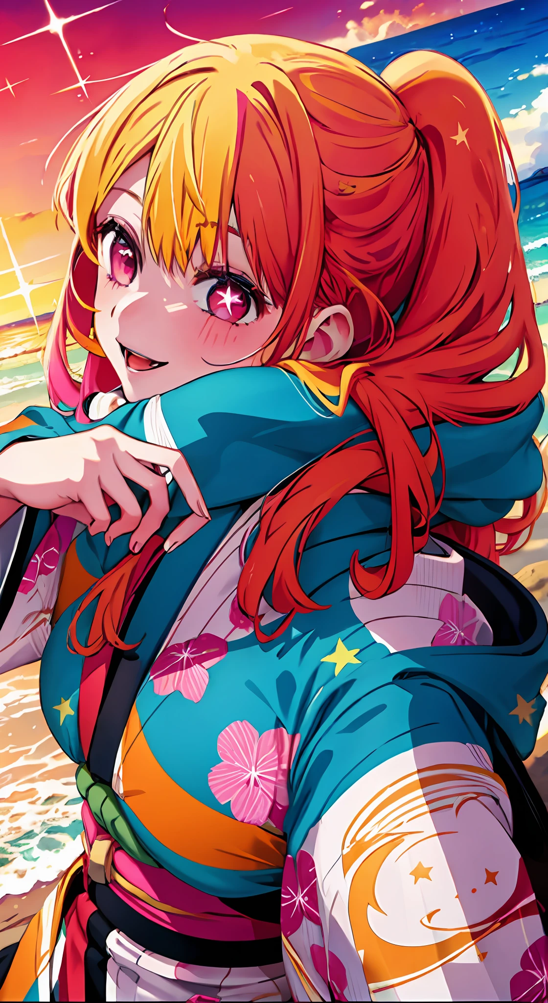 1girl, solo, star-shaped pupils in left eye, orange hair, long hair, pink eyes, kimono, blonde, bangs,happy,posing, multicolored hair, beach background
