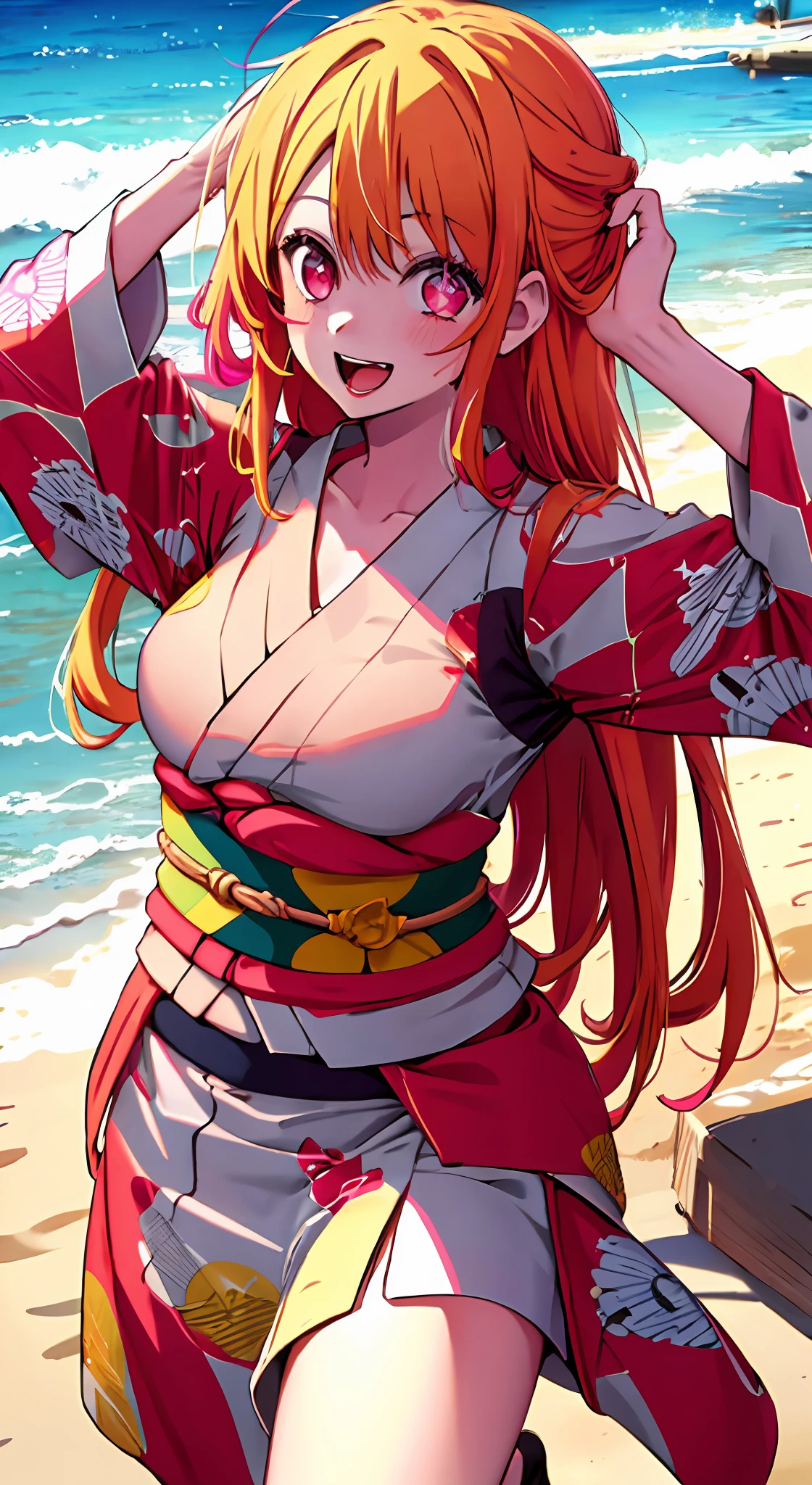 1girl, solo, star-shaped pupils in left eye, orange hair, long hair, pink eyes, kimono, blonde, bangs,happy,posing, multicolored hair, beach background