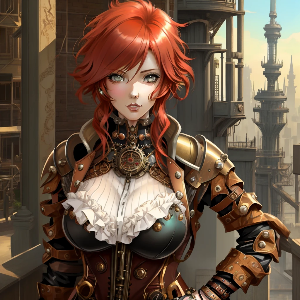 redhead haired woman in steampunky outfit posing for a picture, steampunk beautiful anime woman, steampunk pin-up girl, high quality steampunk art, steampunk girl, portrait of lady mechanika, like lady mechanika, steampunk fantasy style, steampunk art, steampunk inventor girl, digital steampunk art, steampunk concept art, detailed steampunk illustration, 2. 5 d cgi anime fantasy artwork