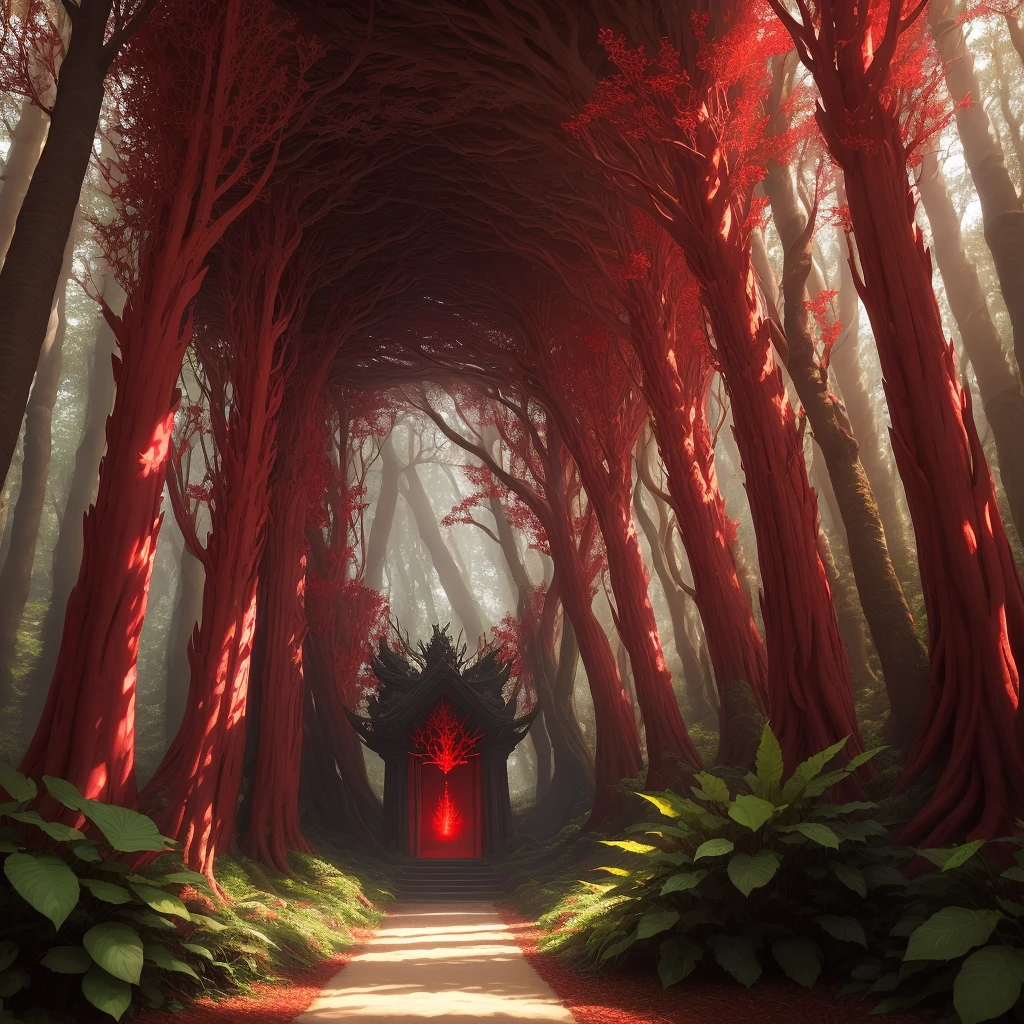 A very detailed den with red feathers, branches, adorned with strange and magical sculptures, in a mysterious forest in the background of the eyes of mystical creatures of shadow effects, it emanates from the lair a powerful aura