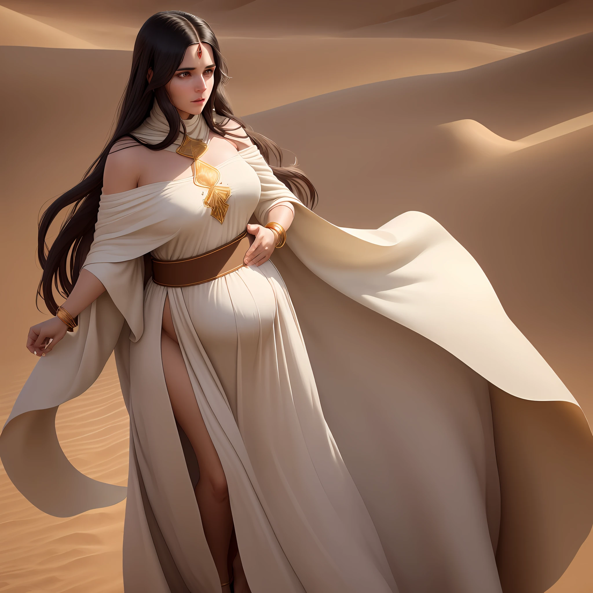 only A full-length woman she is pregnant dressed in desert attire, with long dark hair and expressive eyes. She wears a loose white robe, cinched at the waist by a golden belt. Under the cloak, a light beige tunic fitted to the bust. Her feet are bare, and she wears gold bracelets on her wrists.
(cinematic) (amazing) (realistic in 4k)