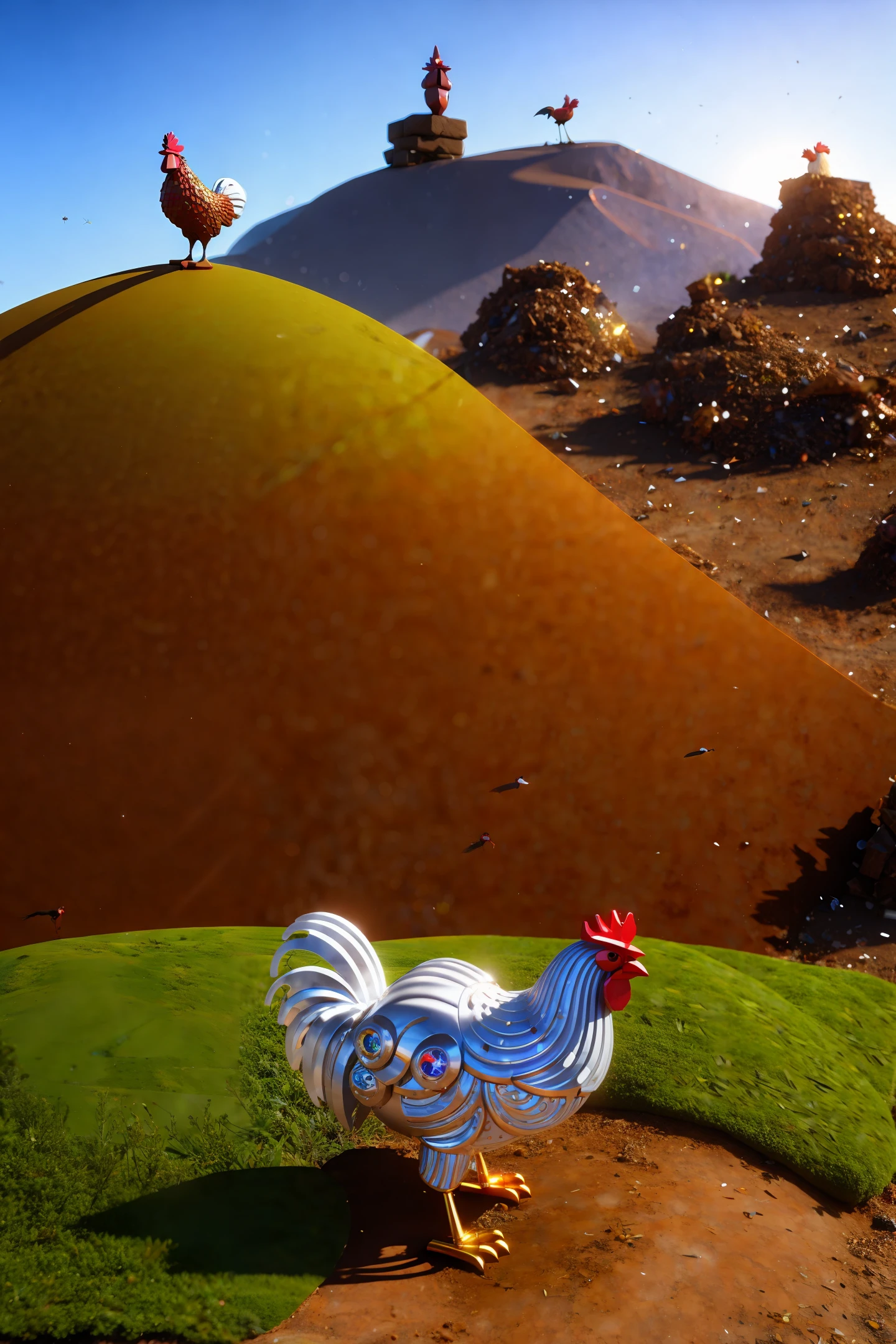 a robotic form rooster guarding an ant hill with some crystals, great visual effects
Hd , HDR , 4k upscale