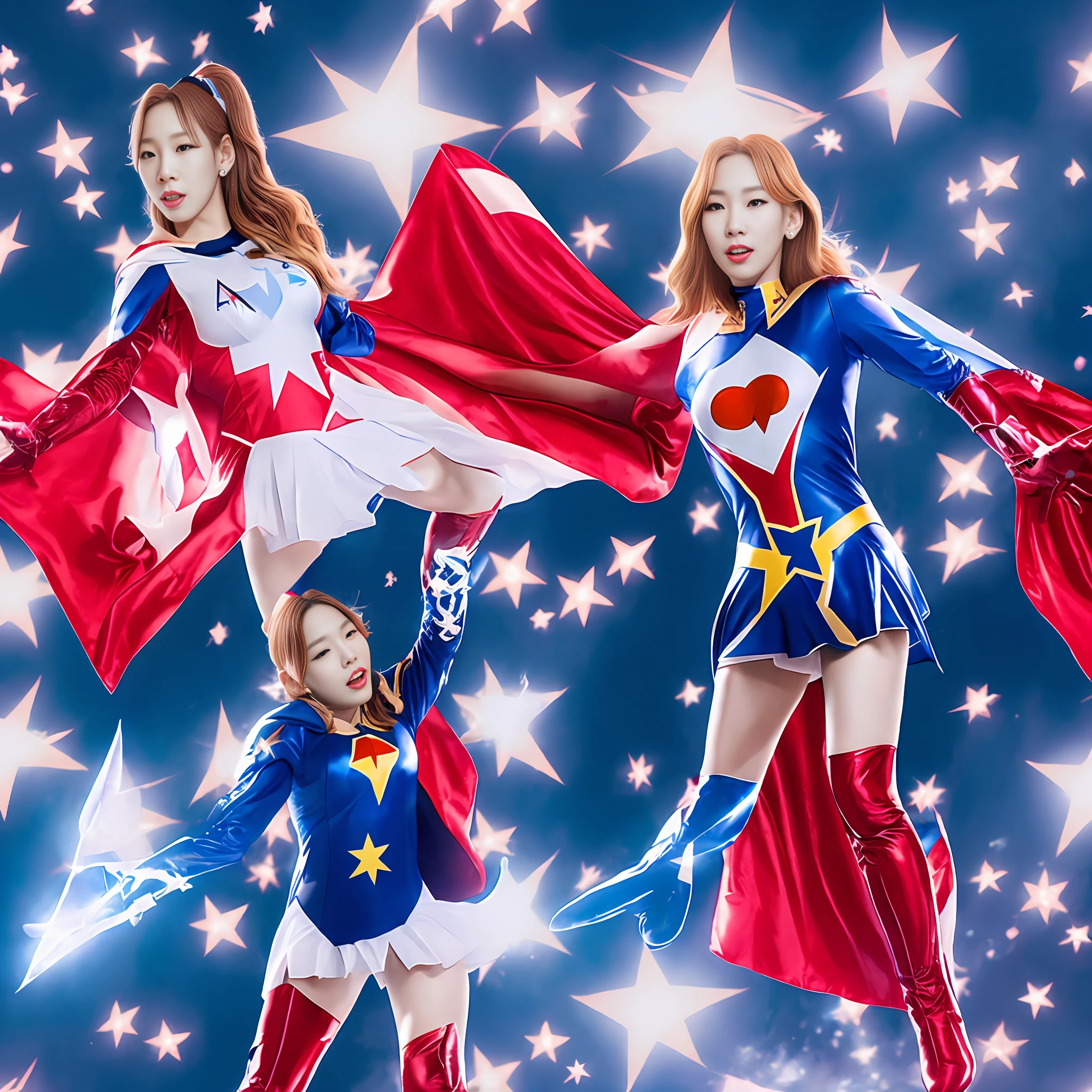 Kim Taeyeon transformed into a superheroine national flag girl wearing a five-star national flag costume and star-shaped long gloves, stepping on star-marked red boots and shooting supernova rays with both hands