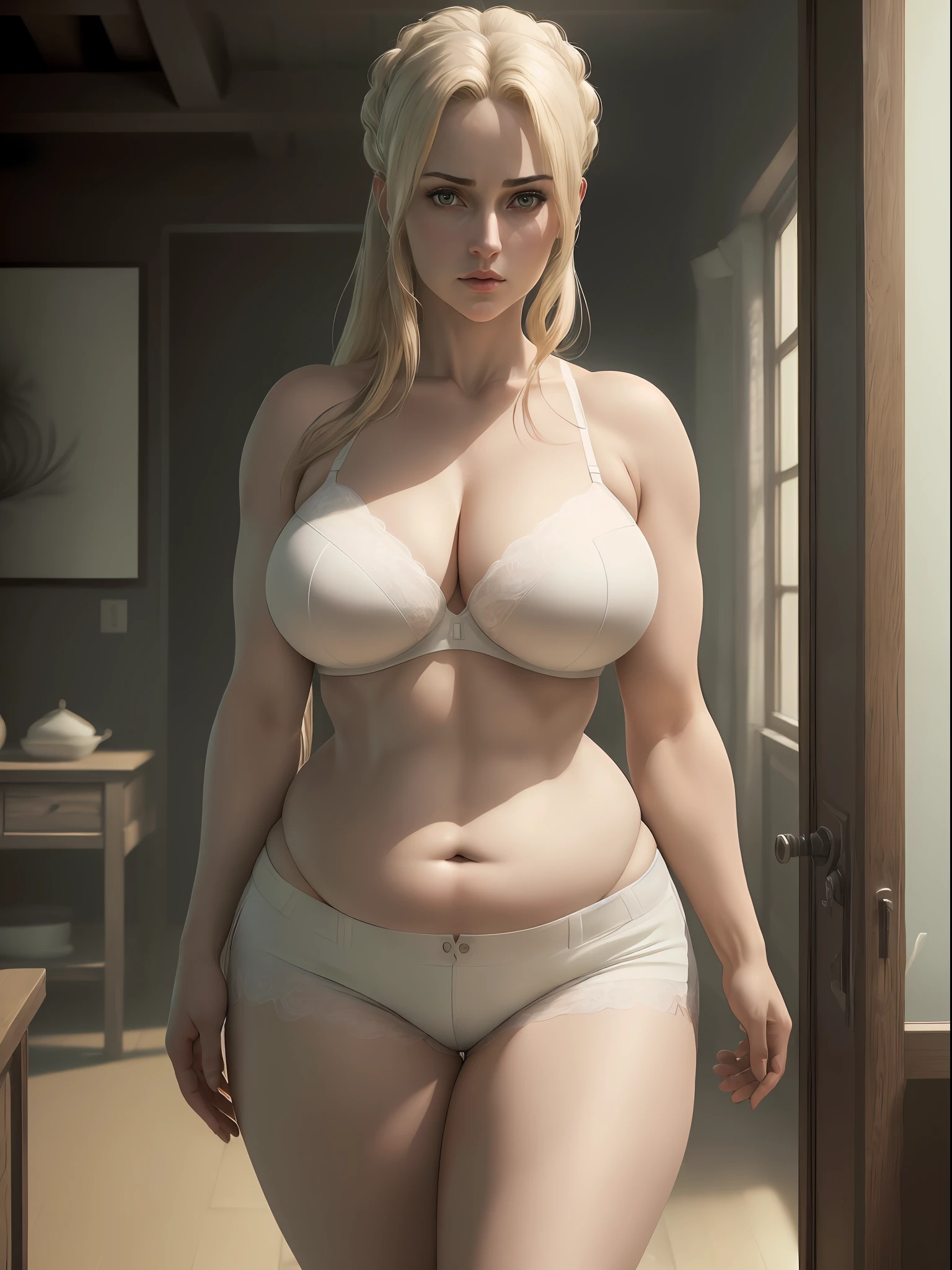 (8k, RAW photo, best quality, masterpiece:1.2), (realistic, photo-realistic:1.37), eve, 1girl, standing, looking at viewer, solo, cleavage, thighs, (white lace bra), tight shorts, (((mature female))), (curvy), (chubby belly:1.3), ((toned stomach)), ((toned thighs)), (muscular thighs), tsunade from naruto, ((shot taken from behind))