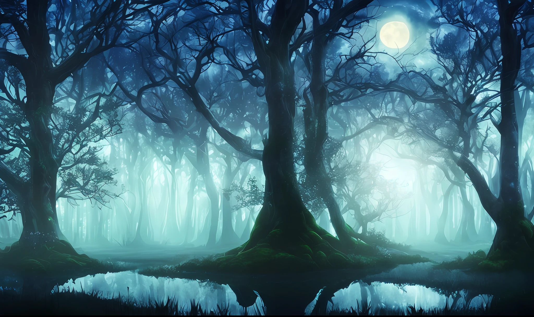 Create a beautiful enchanted forest. Night time, Full moon, moonlight rays through tree branches, ominous, mysterious, enchanted swamp, black mud