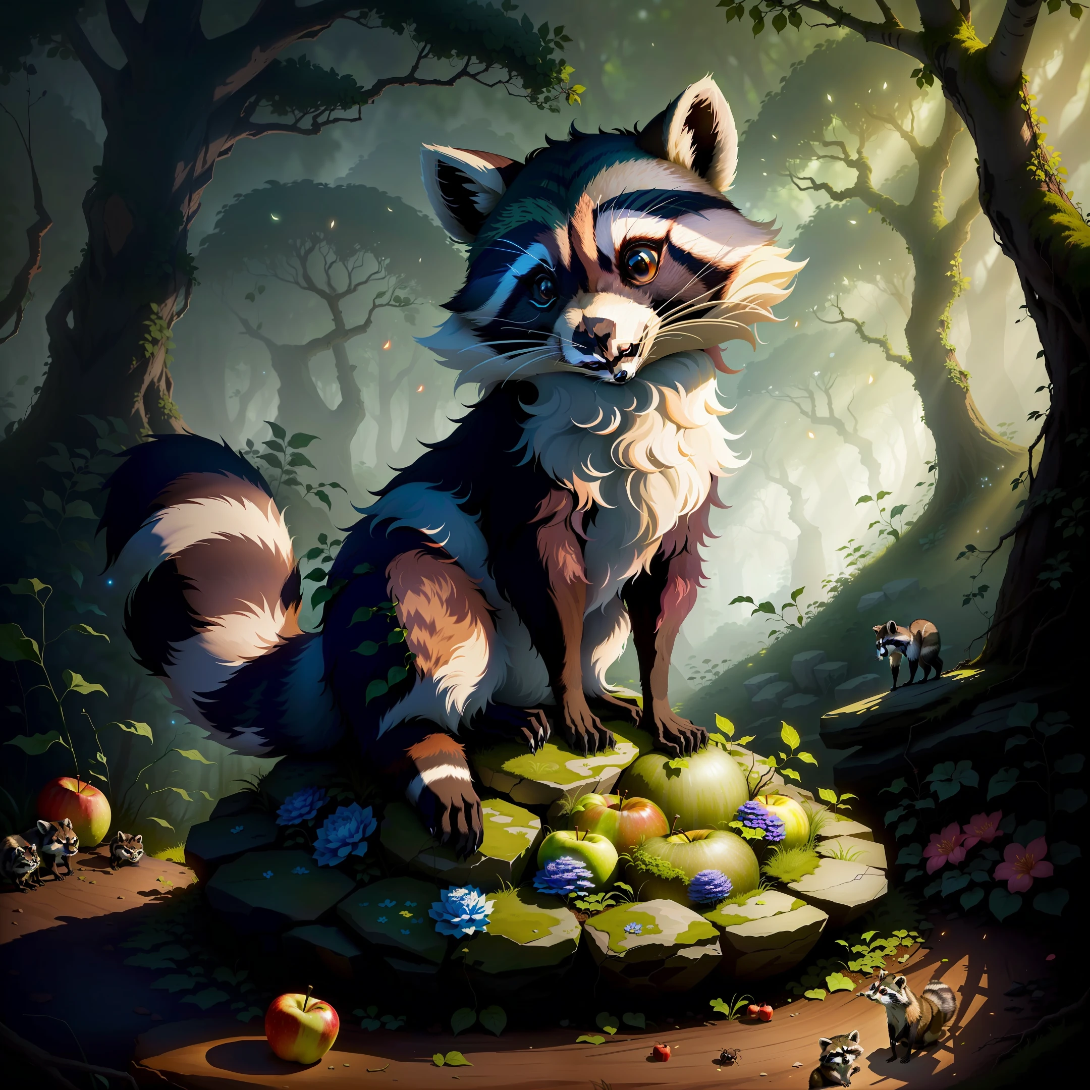 Raccoon sitting on a rock as an anthill, in the forest, tendrils, apples lying around, fireflies, idyllic, flowers, ants everywhere masterpiece, beautiful, 4k, realistic cartoon, mega realistic, scaled, centered