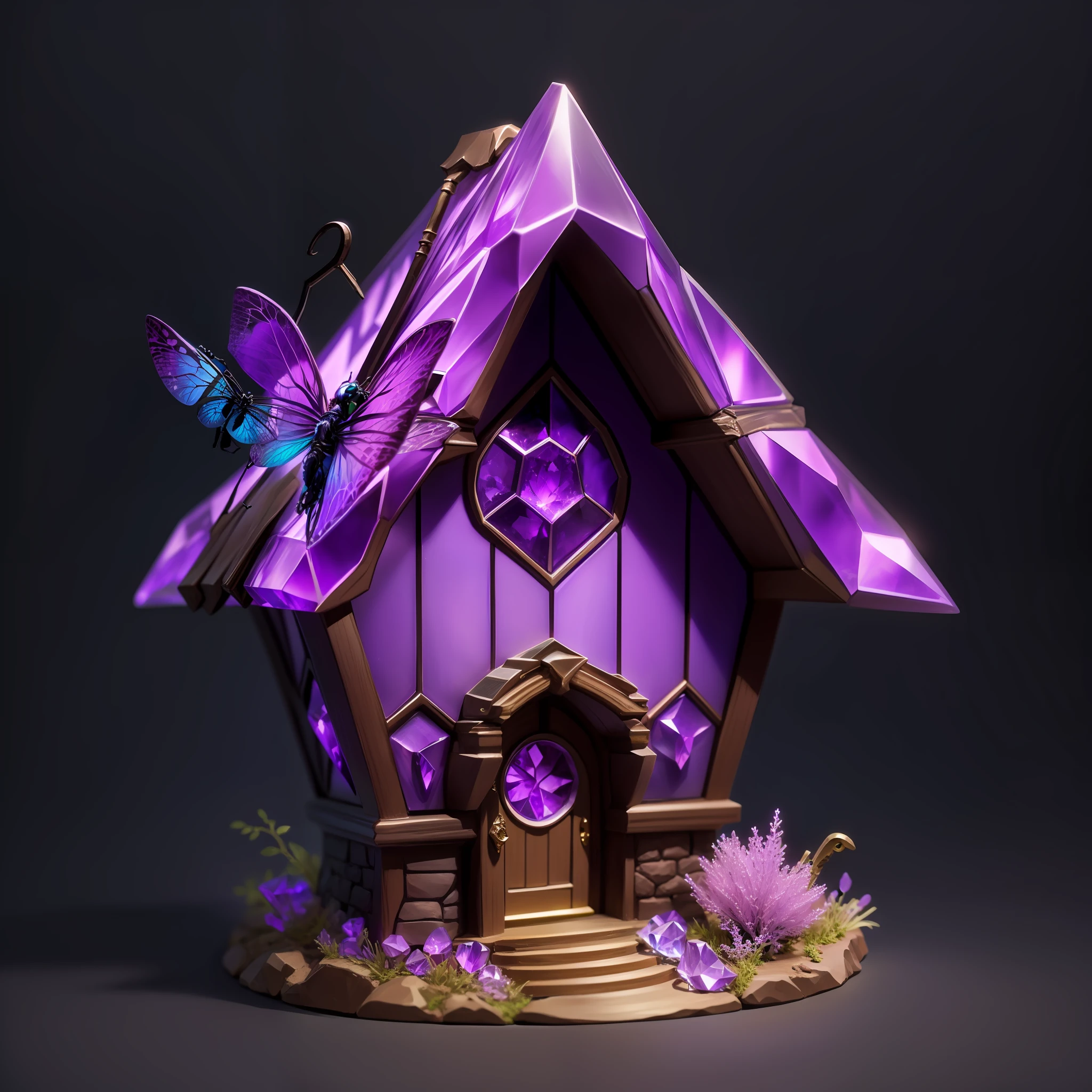 purple crystal house with dragonfly, fantasy