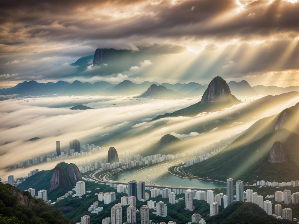 rio de janeiro nature landscape, aerial view, drone photography, cinematic, mountains and rio de janeiro city, cinematic view, epic afternoon sky, detailed, low angle, high detail, warm lighting, volumetric, godrays, vivid, beautiful, by jordan grimmer, huge scene, sunrays, Fujifilm GFX 50S,