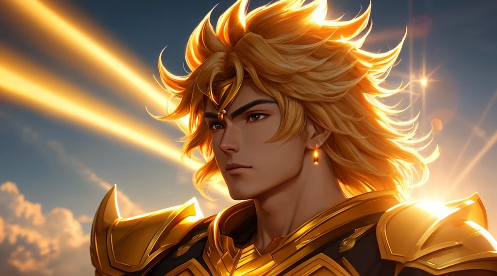 A handsome man, Saint Seiya style, golden hour, edge lighting, warm colors, sun flares, soft shadows, vibrating colors, hazy light, painting effects, fantastic atmosphere - v5