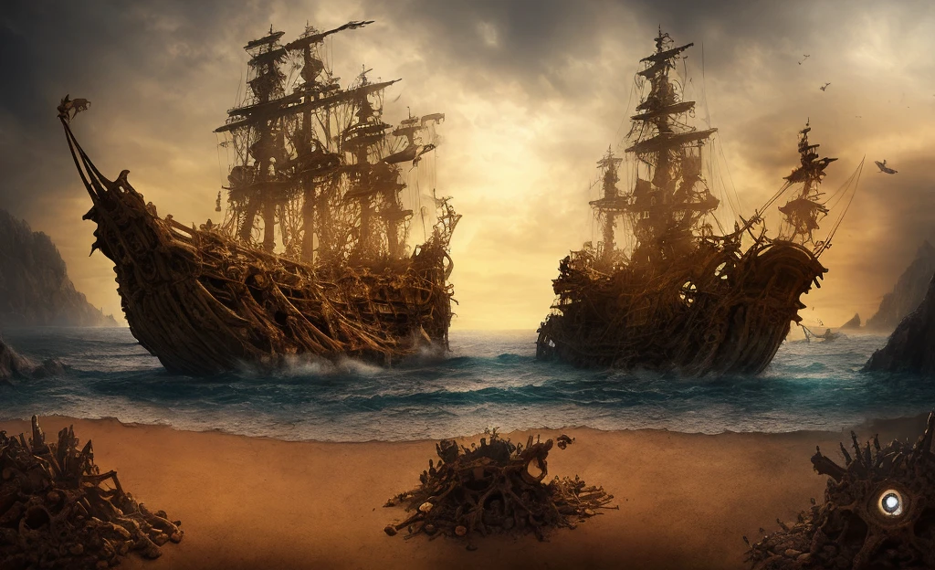 a pirate ship wreck formed ant hill with visual effects, fantasy, hd, HDR, 4k upscale