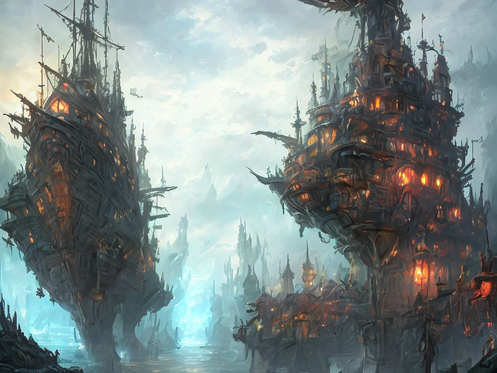 there is a painting of a ship in a fantasy setting, high quality digital concept art, highly detailed concept art, beautiful detailed concept art, stylized urban fantasy artwork, epic fantasy concept art, detailed digital 2d fantasy art, highly detailed fantasy art, dark fantasy city, high quality concept art, fantasyconcept art, stunning concept art, detailed digital concept art