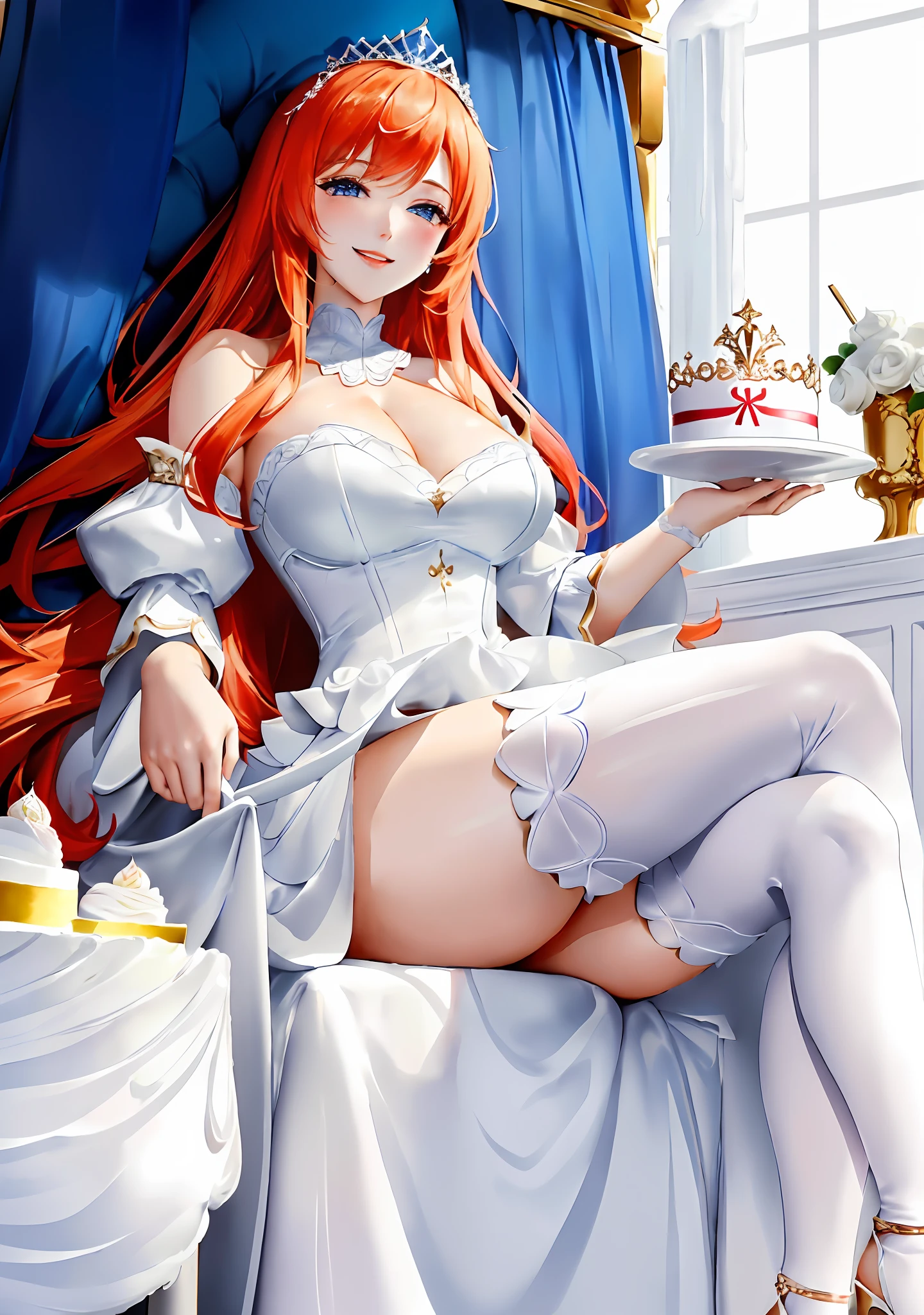 « A slender, petite ginger woman wearing a white princess outfit, crown and heels sits confidently on a throne legs spread, (holding seductively in each hand a very Large cake covered with whipped cream:1.3) with a superior, belittling expression and a confident grin"