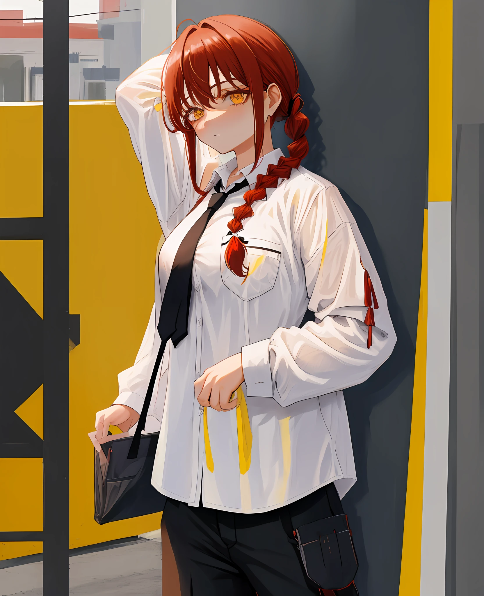Makima\(chainsaw man\), 1girl, absurdres, bangs, underwear, black tie, black pants, braid, braided ponytail, collared shirt, cowboy shot, highres, long hair, long sleeves, tie, red hair, ringed eyes, shirt, sidelocks, solo, uniform, white shirt, yellow eyes, big breasts, 8k, no clotes