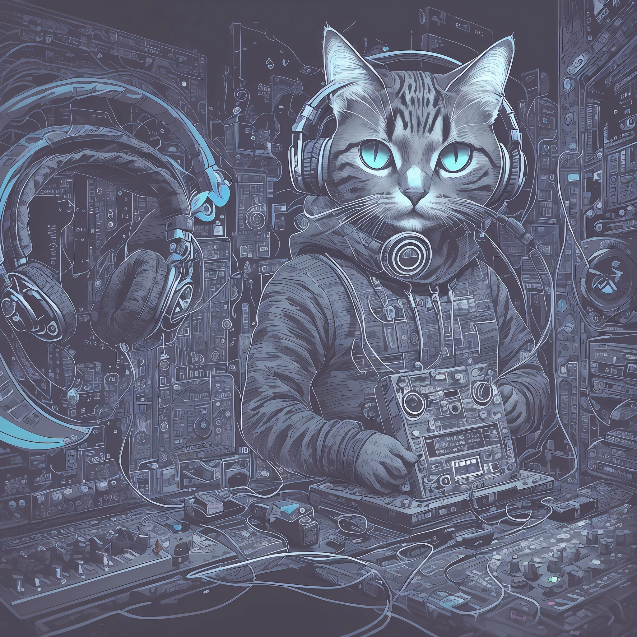 an image of a cat in headphones playing music, in the style of dan mumford, tivadar csontváry kosztka, dark gray and azure, clockpunk, cute and colorful, tachisme, sublime --ar 47:61 --q 2 --s 750 --style raw