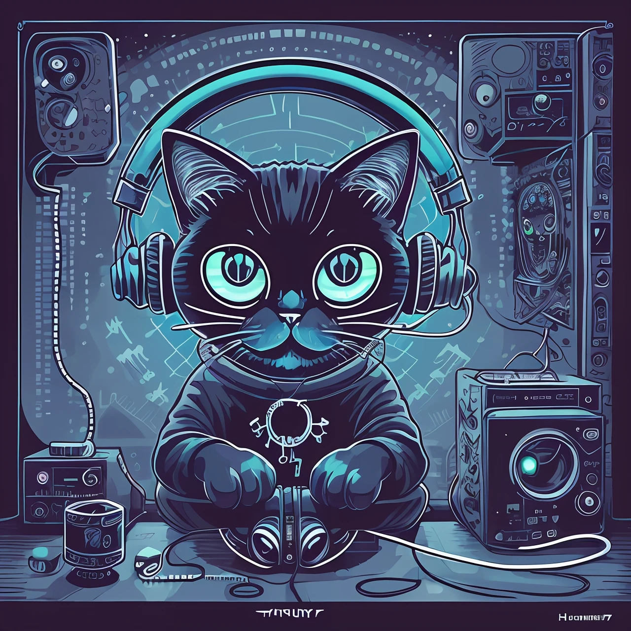 an image of a cat in headphones playing music, in the style of dan mumford, tivadar csontváry kosztka, dark gray and azure, clockpunk, cute and colorful, tachisme, sublime --ar 47:61 --q 2 --s 750 --style raw